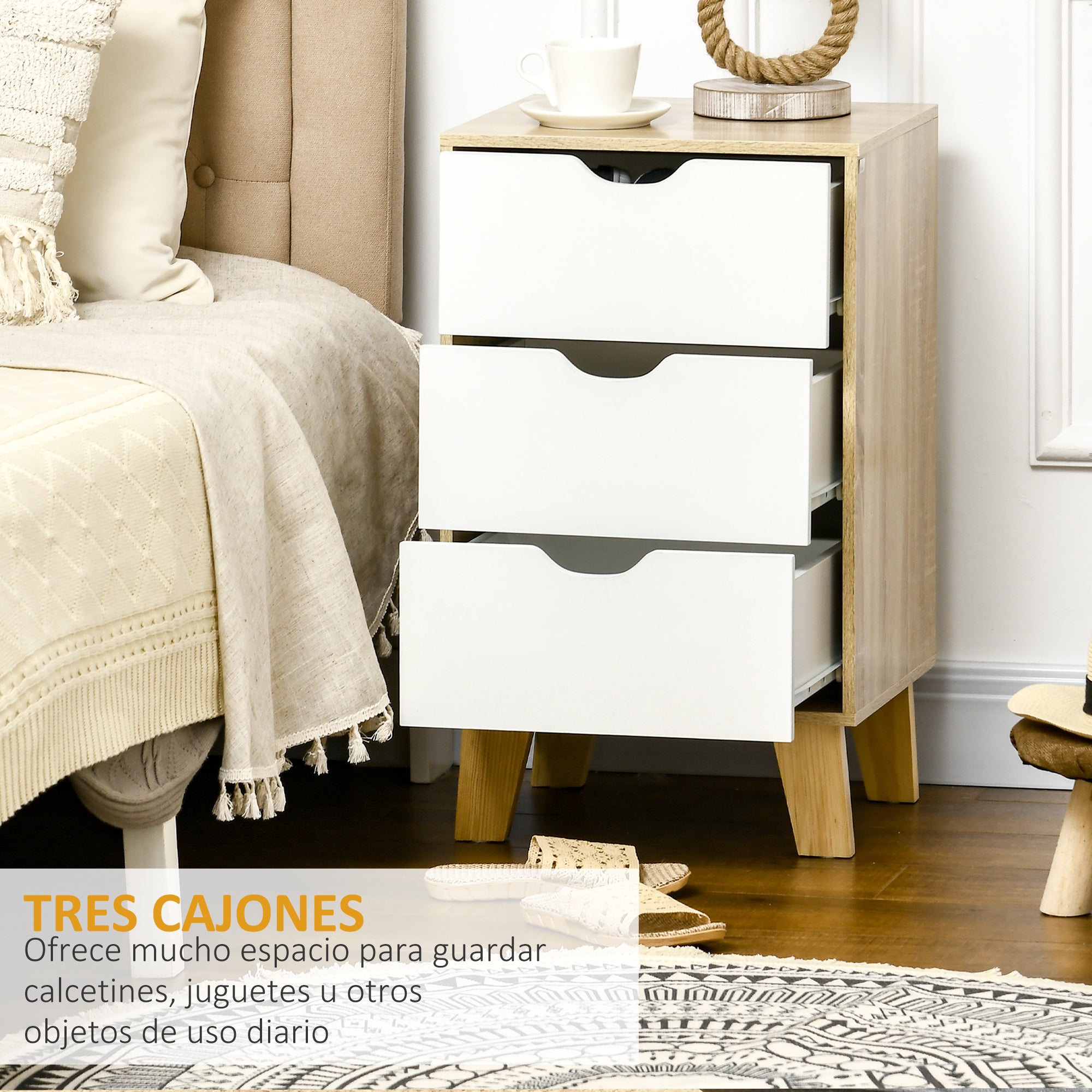 3-Drawer Chest with Raised Base Wardrobe Dresser for Bedroom Living Room Hallway Modern Style Anti-Tip 40x35x68.5 cm Natural and White