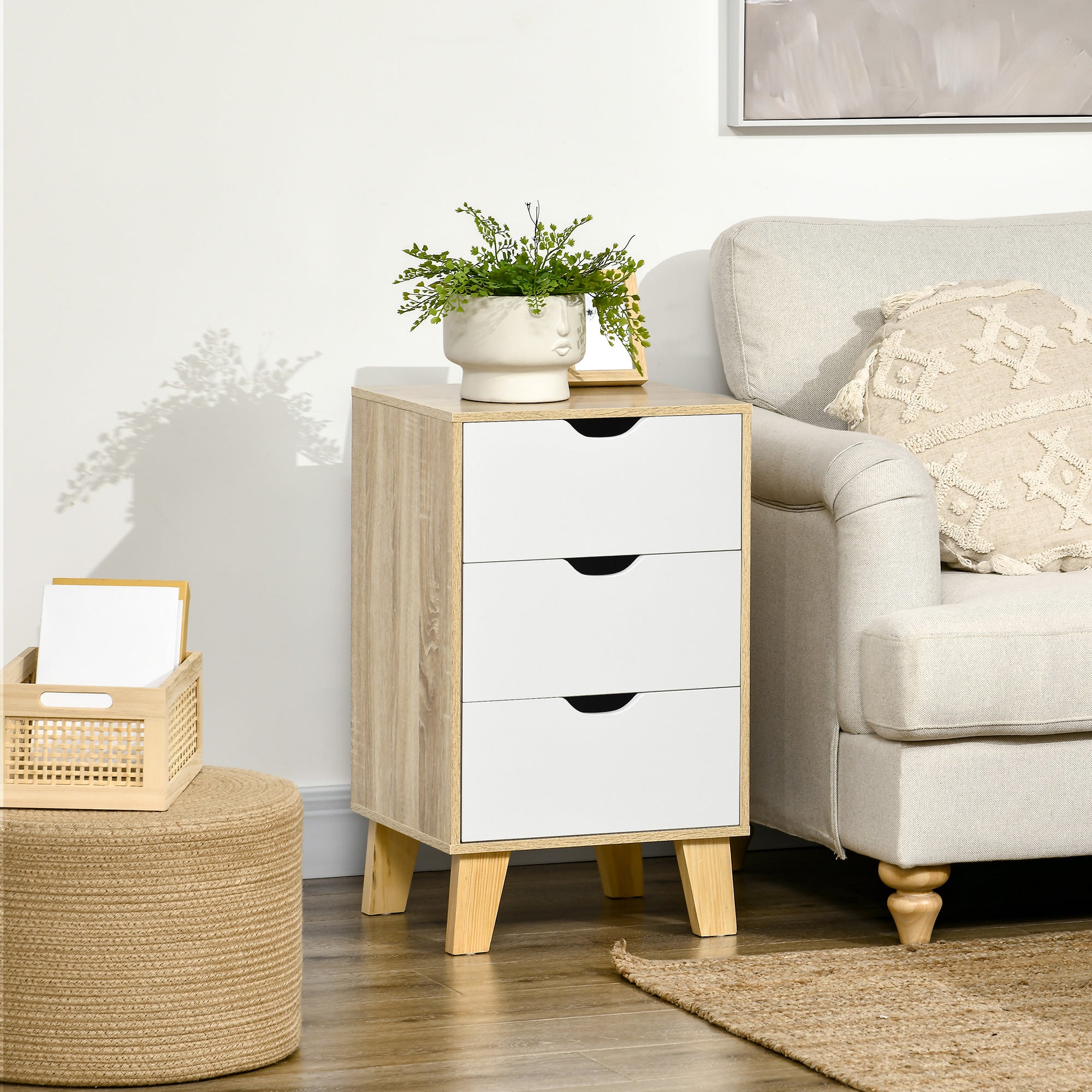 3-Drawer Chest with Raised Base Wardrobe Dresser for Bedroom Living Room Hallway Modern Style Anti-Tip 40x35x68.5 cm Natural and White