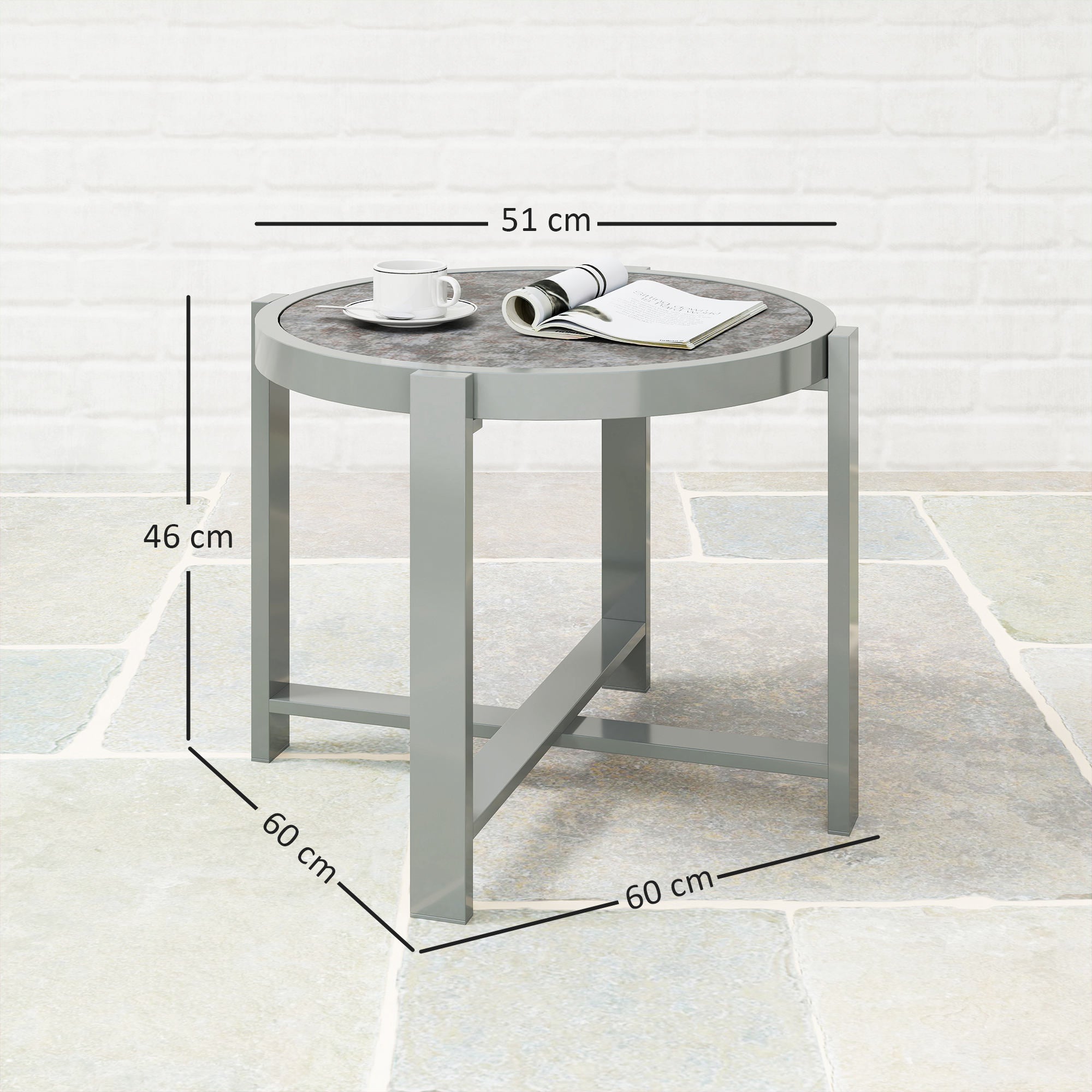 Side Table Garden Table Round Weatherproof Aluminum Balcony Table with Marble-effect Camping Table Coffee Table for Living Room Office Outdoor Indoor Gray