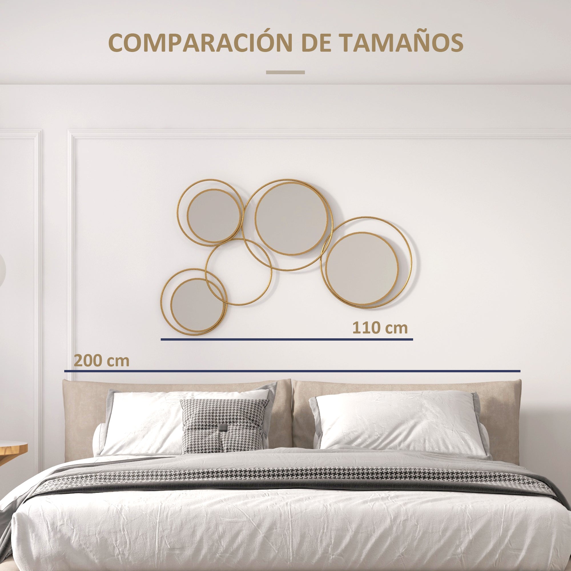 3D Metal Decorative Wall Mirror Wall Art with 4 Round Mirrors for Living Room Bedroom Hallway 110x68 cm Gold