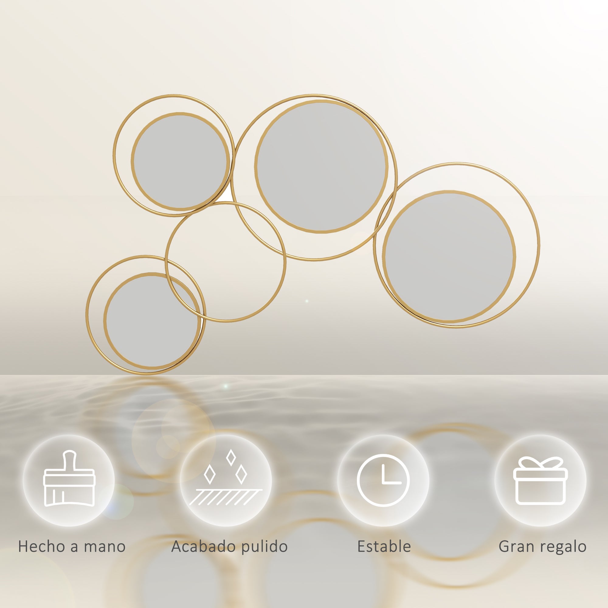 3D Metal Decorative Wall Mirror Wall Art with 4 Round Mirrors for Living Room Bedroom Hallway 110x68 cm Gold