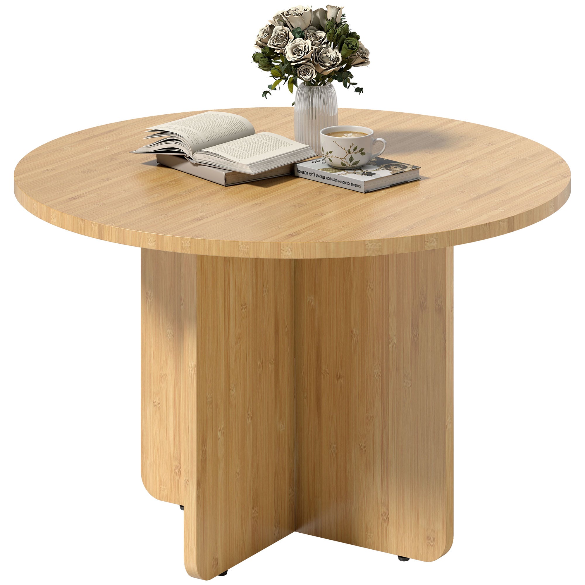 Round Bamboo Coffee Table Ø26 in Modern Living Room Table with Cross Base, Supports up to 265 lb, Natural