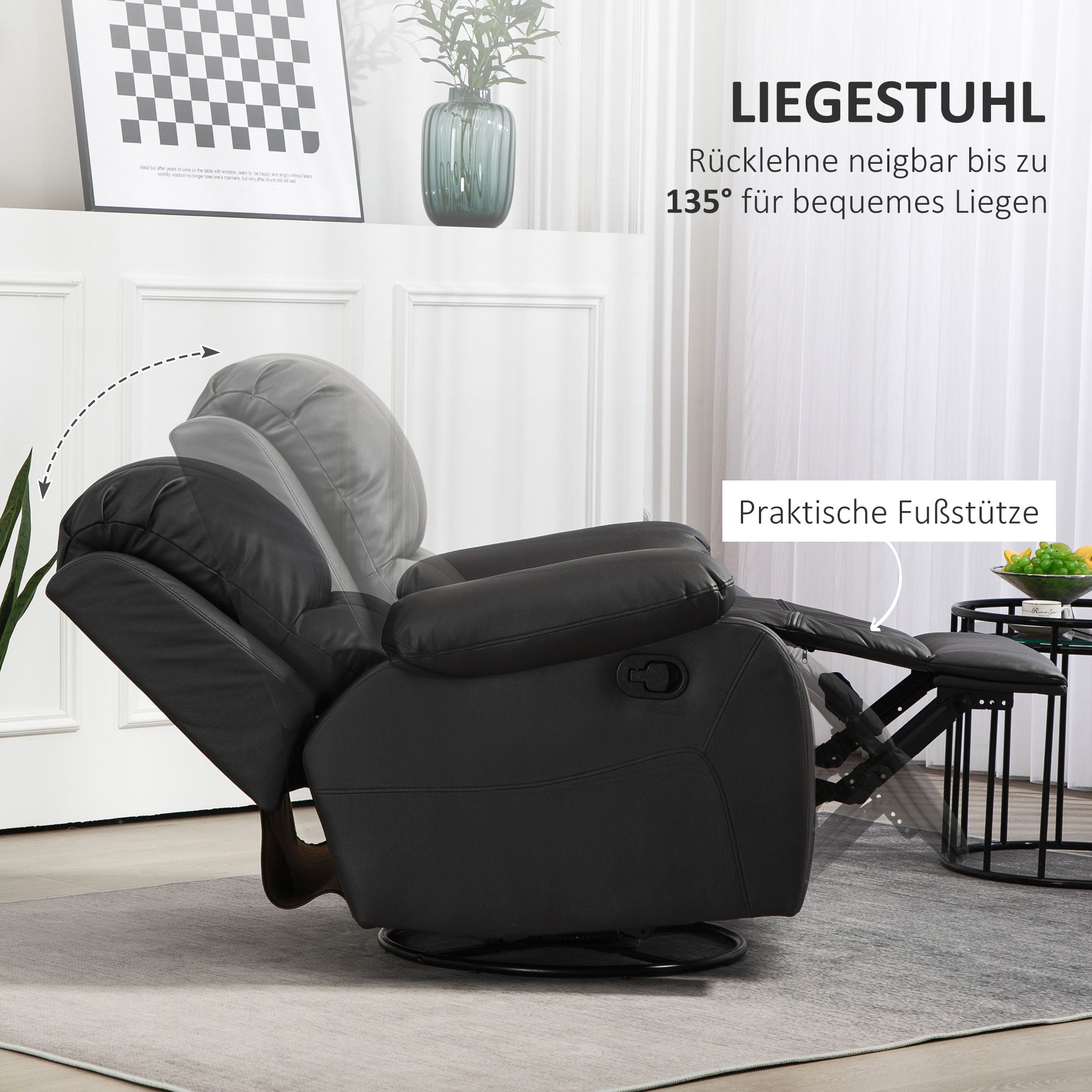 Recliner TV Armchair with Reclining Function, Footrest, Rotating TV Armchair with Pocket Coil Spring System for Living Room, Bedroom, Black
