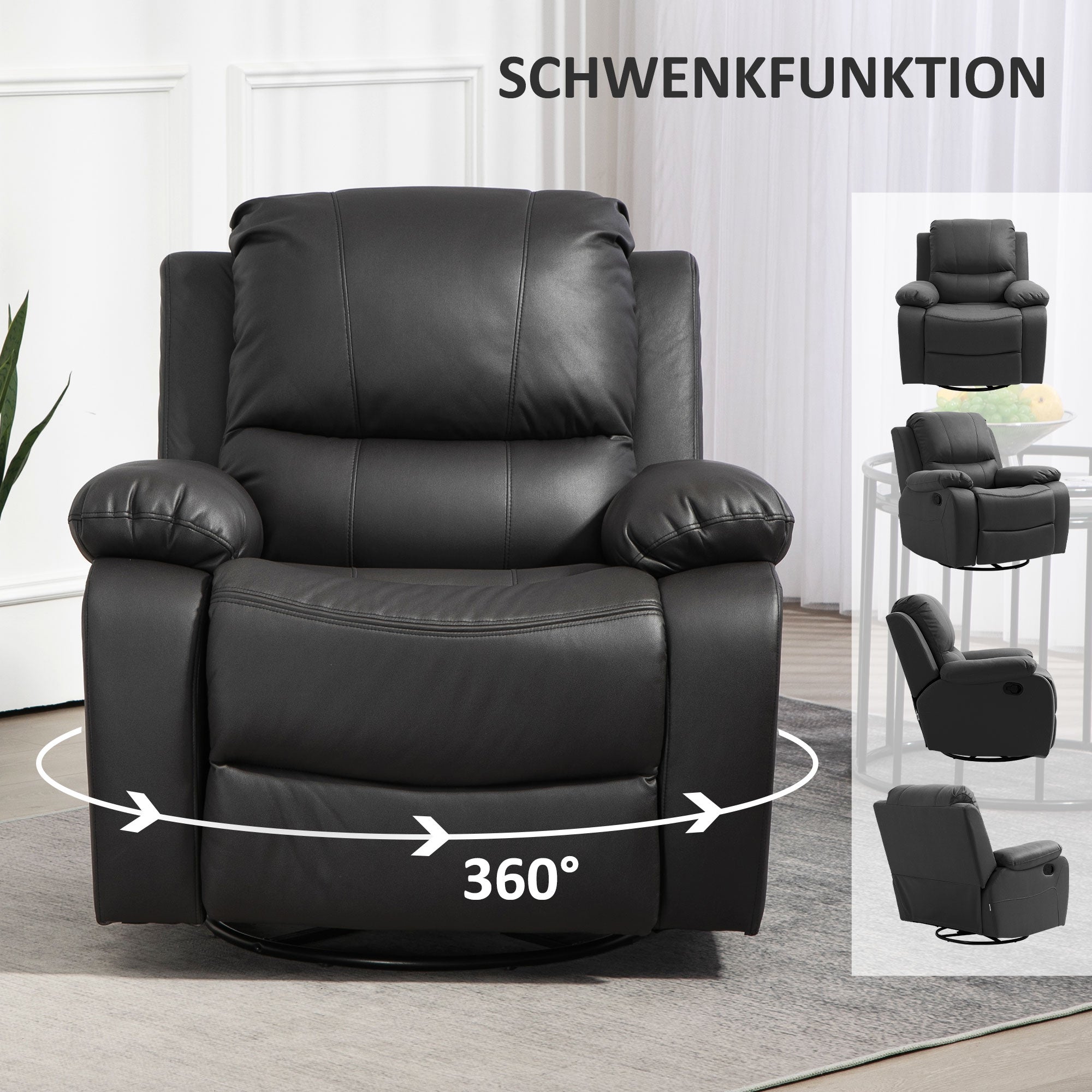 Recliner TV Armchair with Reclining Function, Footrest, Rotating TV Armchair with Pocket Coil Spring System for Living Room, Bedroom, Black