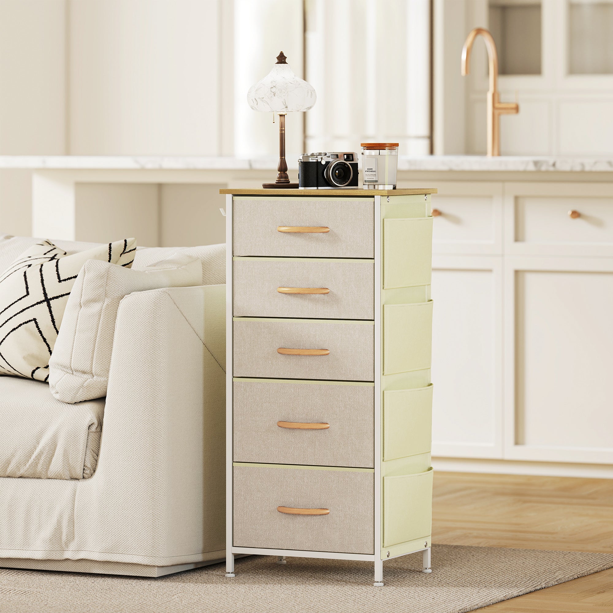 5-Drawer Fabric Dresser with Hooks & Side Pockets, Steel Frame – Beige