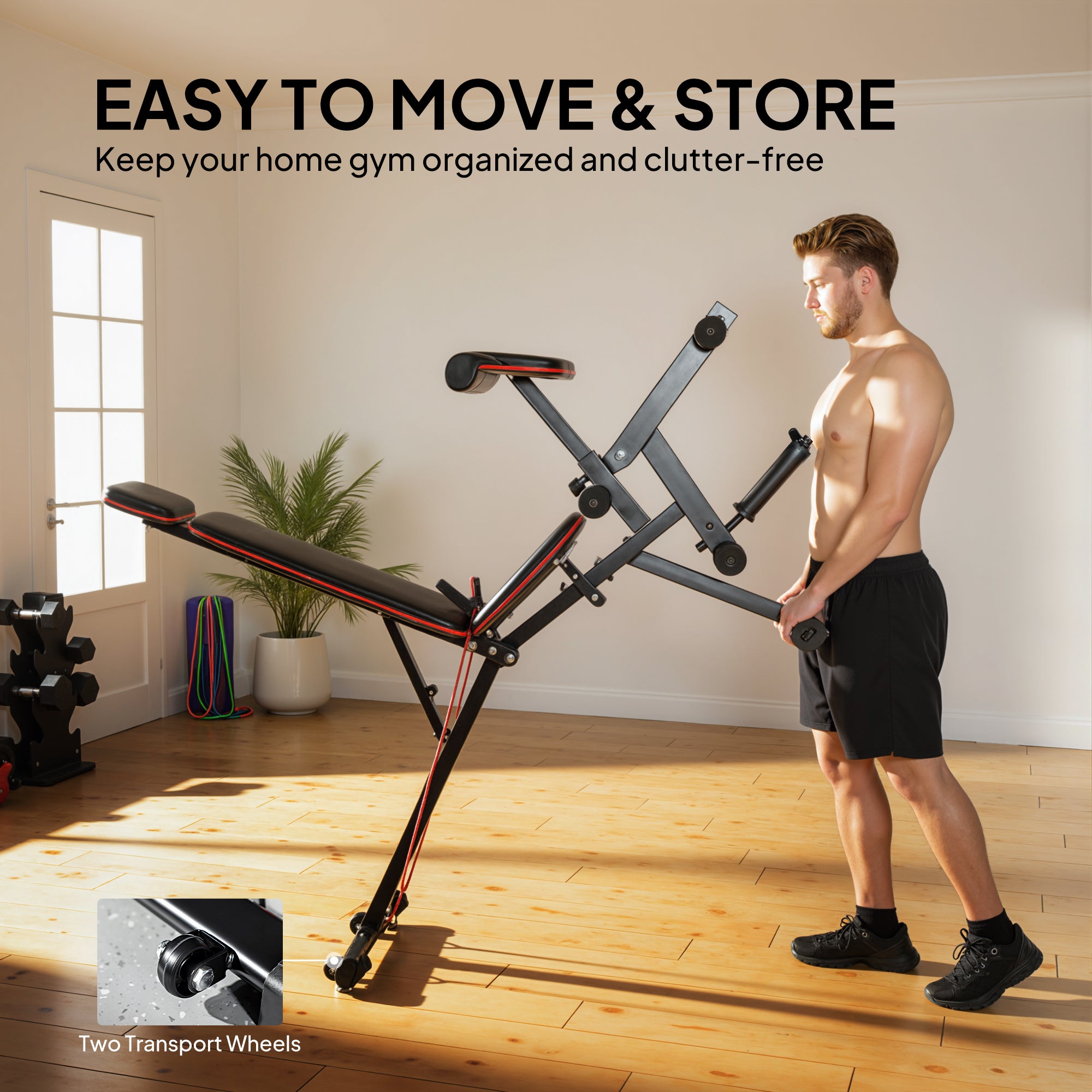 SPORTNOW 3-in-1 Adjustable Weight Bench – Up to 926 lb (420 kg), Wheels, Leg Extension, Preacher Curl, Extended Headrest, Incline Bench with Resistance Bands – Home Gym