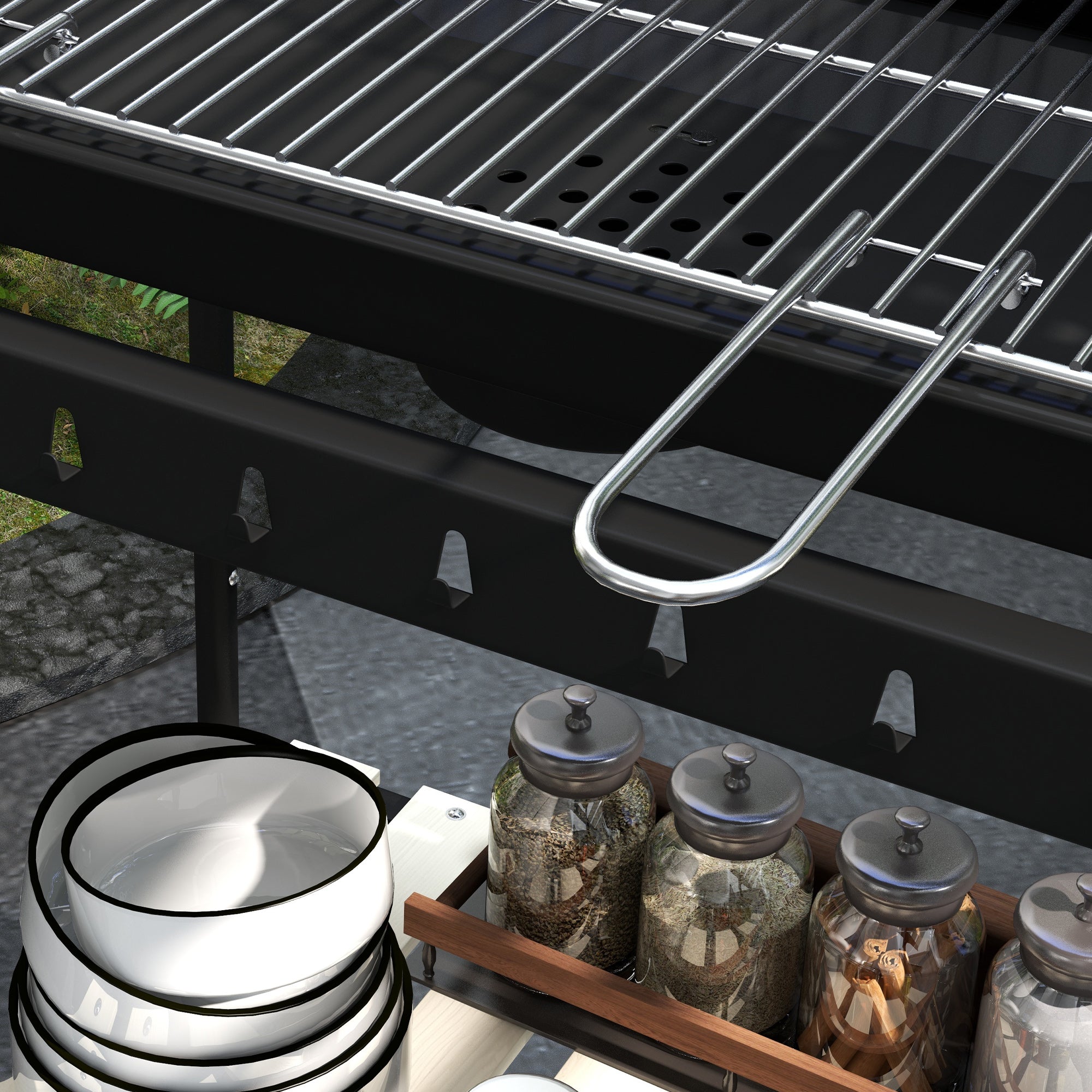 Metal Charcoal BBQ Smoker Grill with Wheels, Adjustable Height Grill Grate, Wooden Shelf, Portable Grill Cart Charcoal Grill, BBQ for Barbecue Camping, Patio, 103x47x95 cm