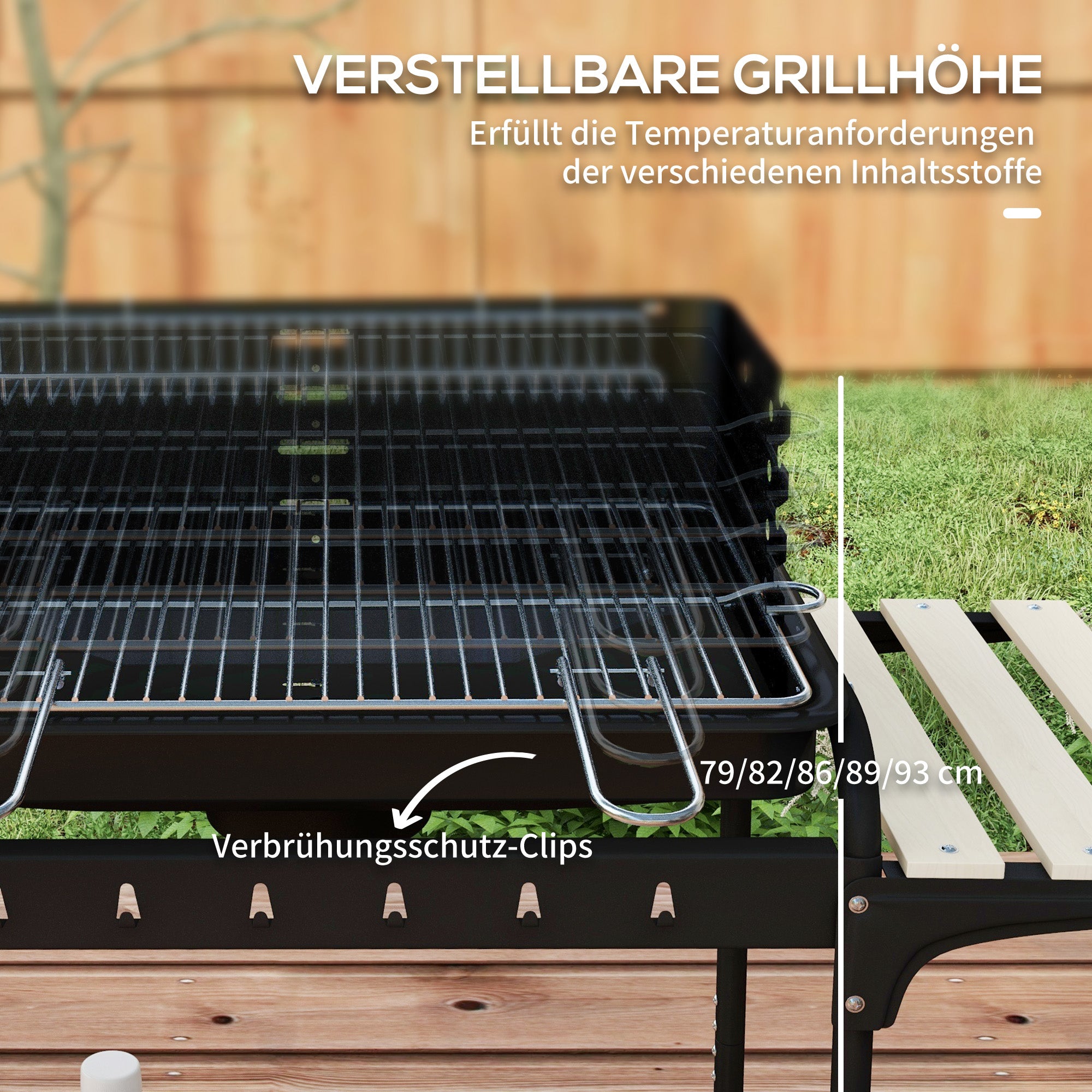 Metal Charcoal BBQ Smoker Grill with Wheels, Adjustable Height Grill Grate, Wooden Shelf, Portable Grill Cart Charcoal Grill, BBQ for Barbecue Camping, Patio, 103x47x95 cm