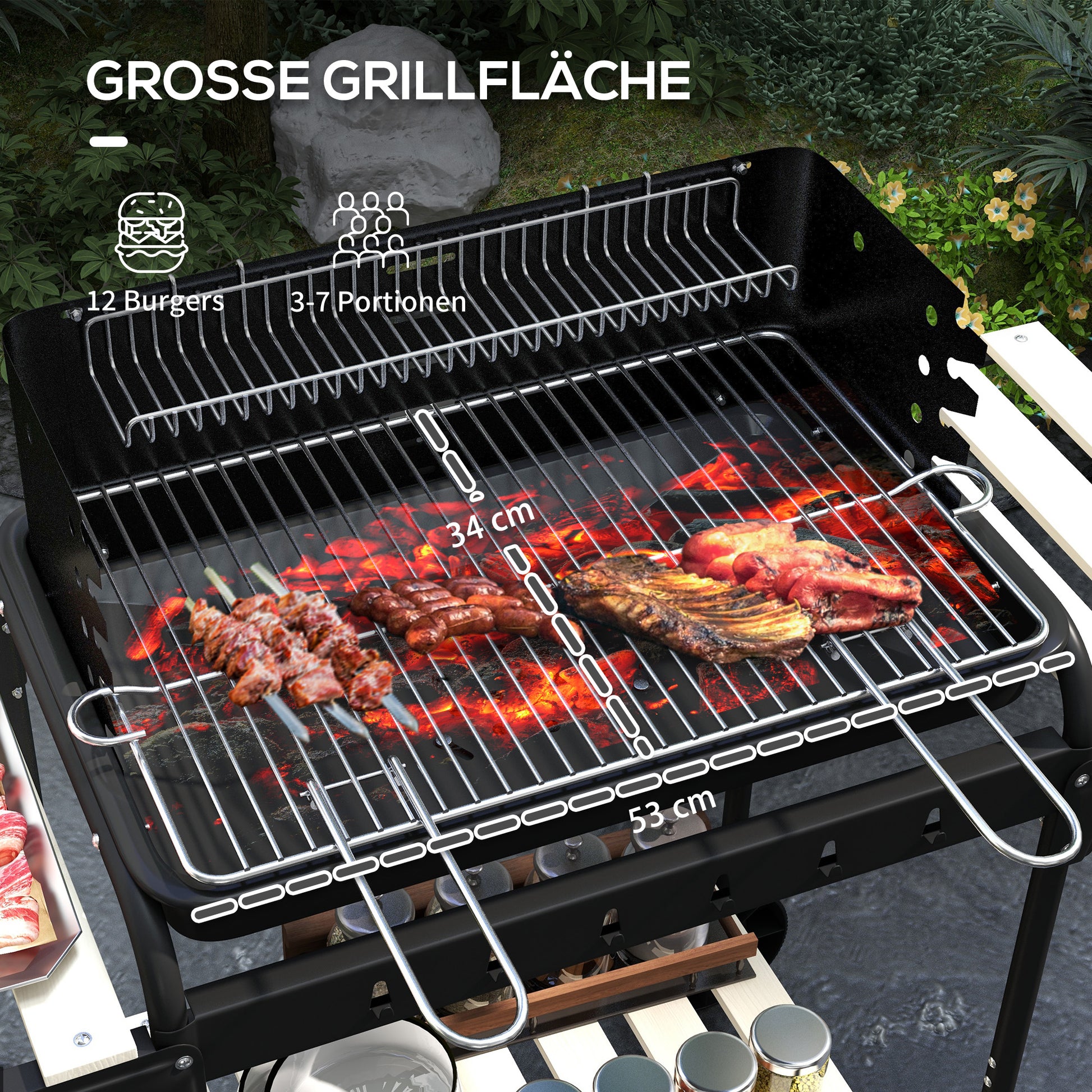 Metal Charcoal BBQ Smoker Grill with Wheels, Adjustable Height Grill Grate, Wooden Shelf, Portable Grill Cart Charcoal Grill, BBQ for Barbecue Camping, Patio, 103x47x95 cm