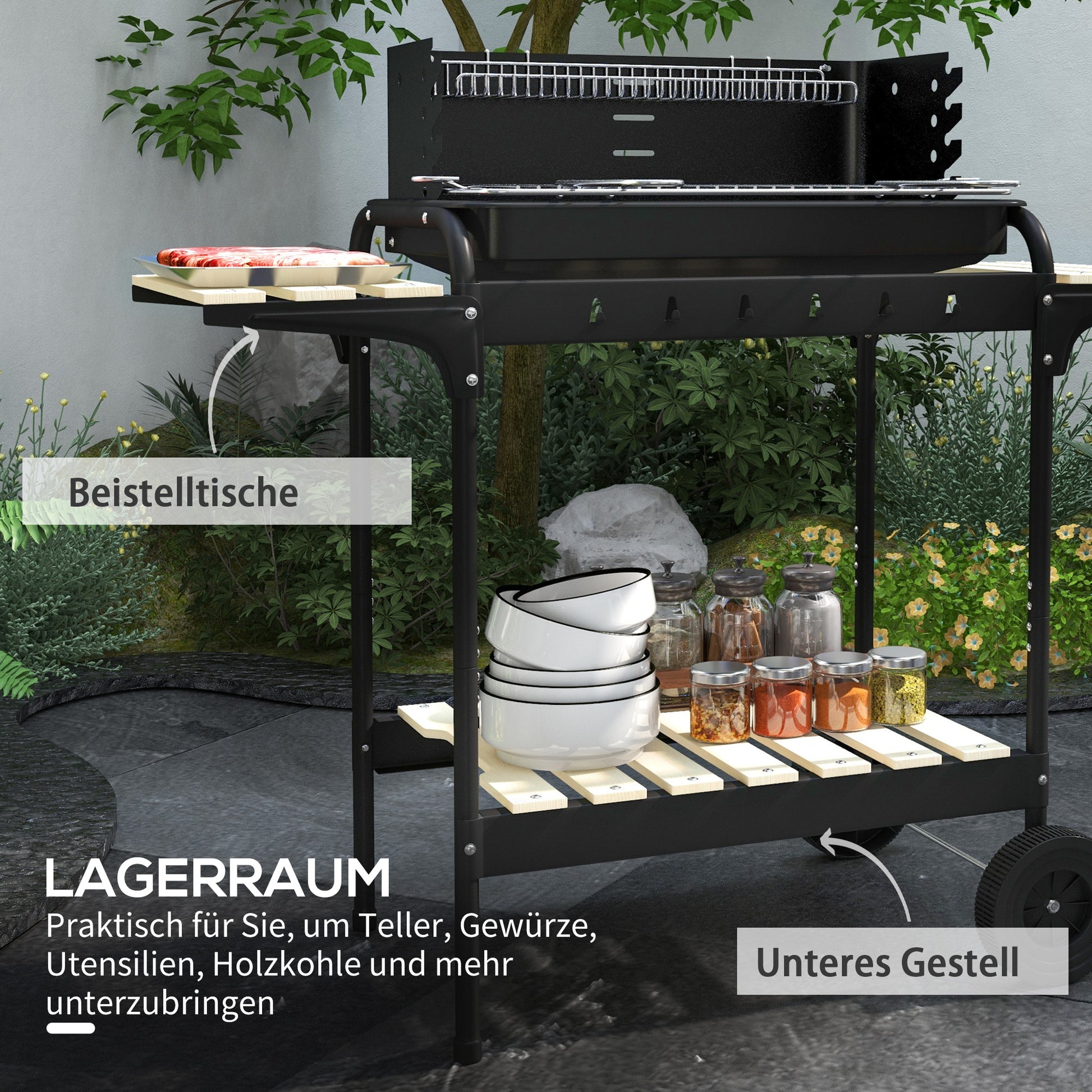 Metal Charcoal BBQ Smoker Grill with Wheels, Adjustable Height Grill Grate, Wooden Shelf, Portable Grill Cart Charcoal Grill, BBQ for Barbecue Camping, Patio, 103x47x95 cm