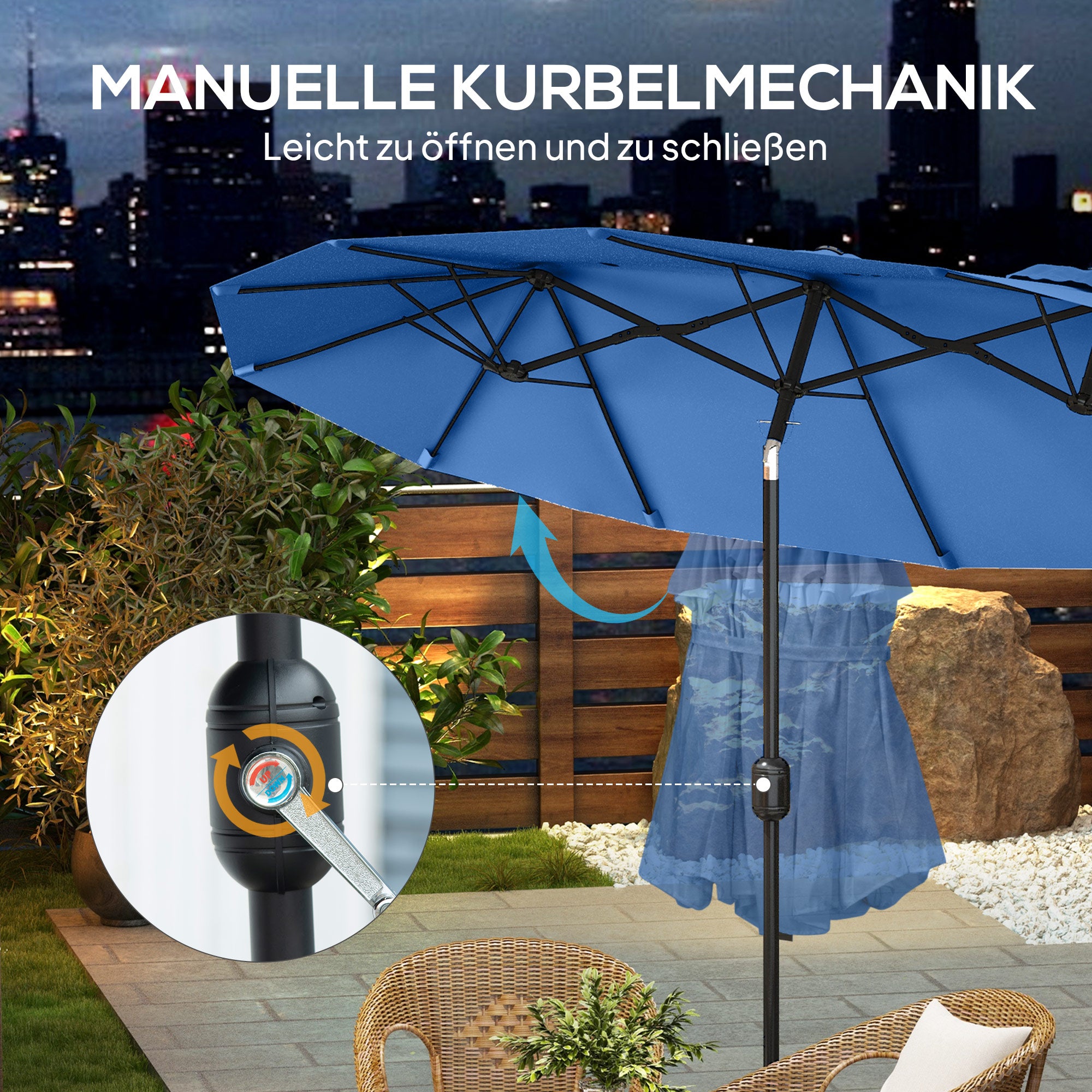 Double Patio Umbrella, 295 x 152 cm (116" x 60"), Tilt & Crank, Wind-Vented Oval Market Umbrella — Navy Blue