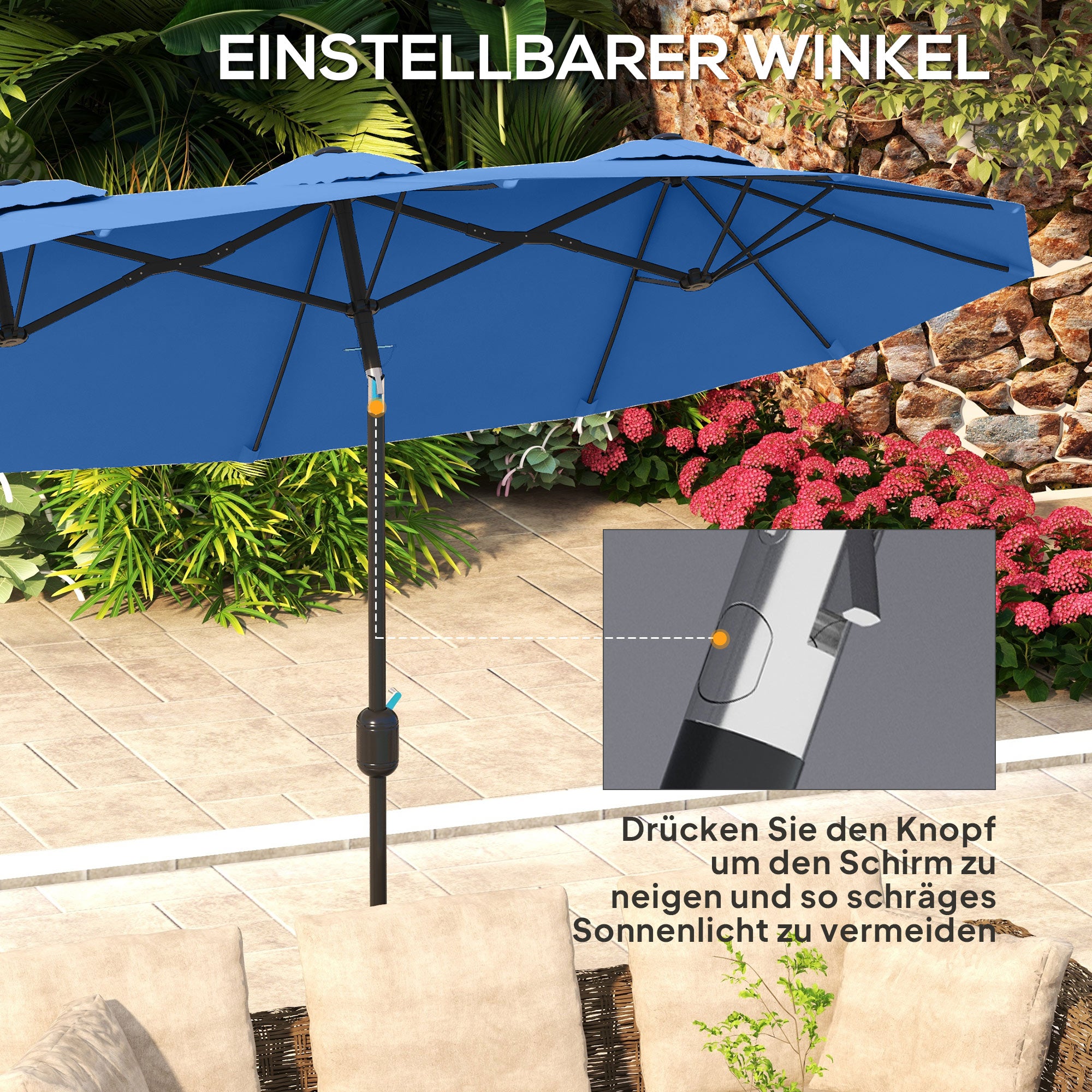 Double Patio Umbrella, 295 x 152 cm (116" x 60"), Tilt & Crank, Wind-Vented Oval Market Umbrella — Navy Blue