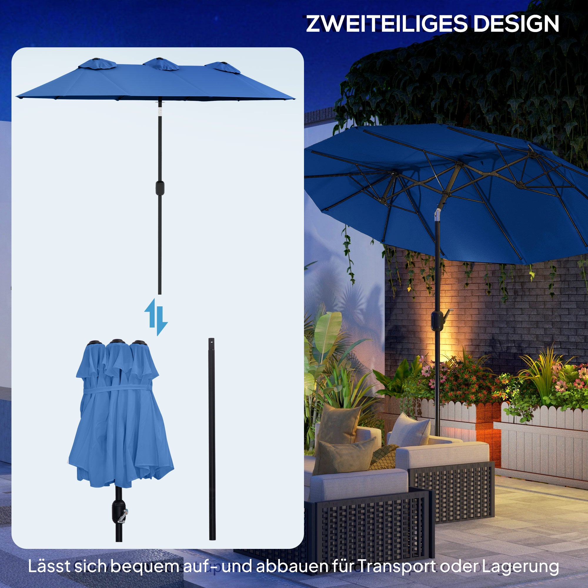 Double Patio Umbrella, 295 x 152 cm (116" x 60"), Tilt & Crank, Wind-Vented Oval Market Umbrella — Navy Blue