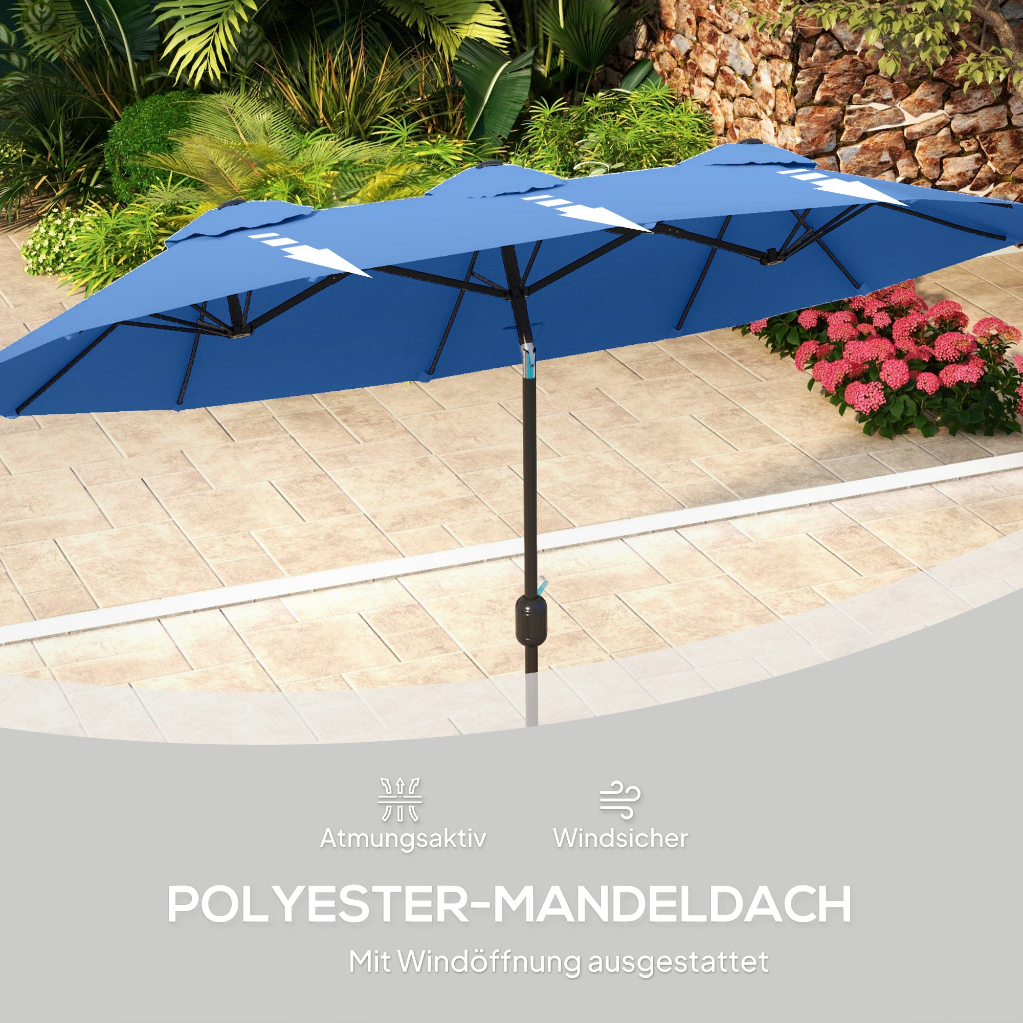 Double Patio Umbrella, 295 x 152 cm (116" x 60"), Tilt & Crank, Wind-Vented Oval Market Umbrella — Navy Blue