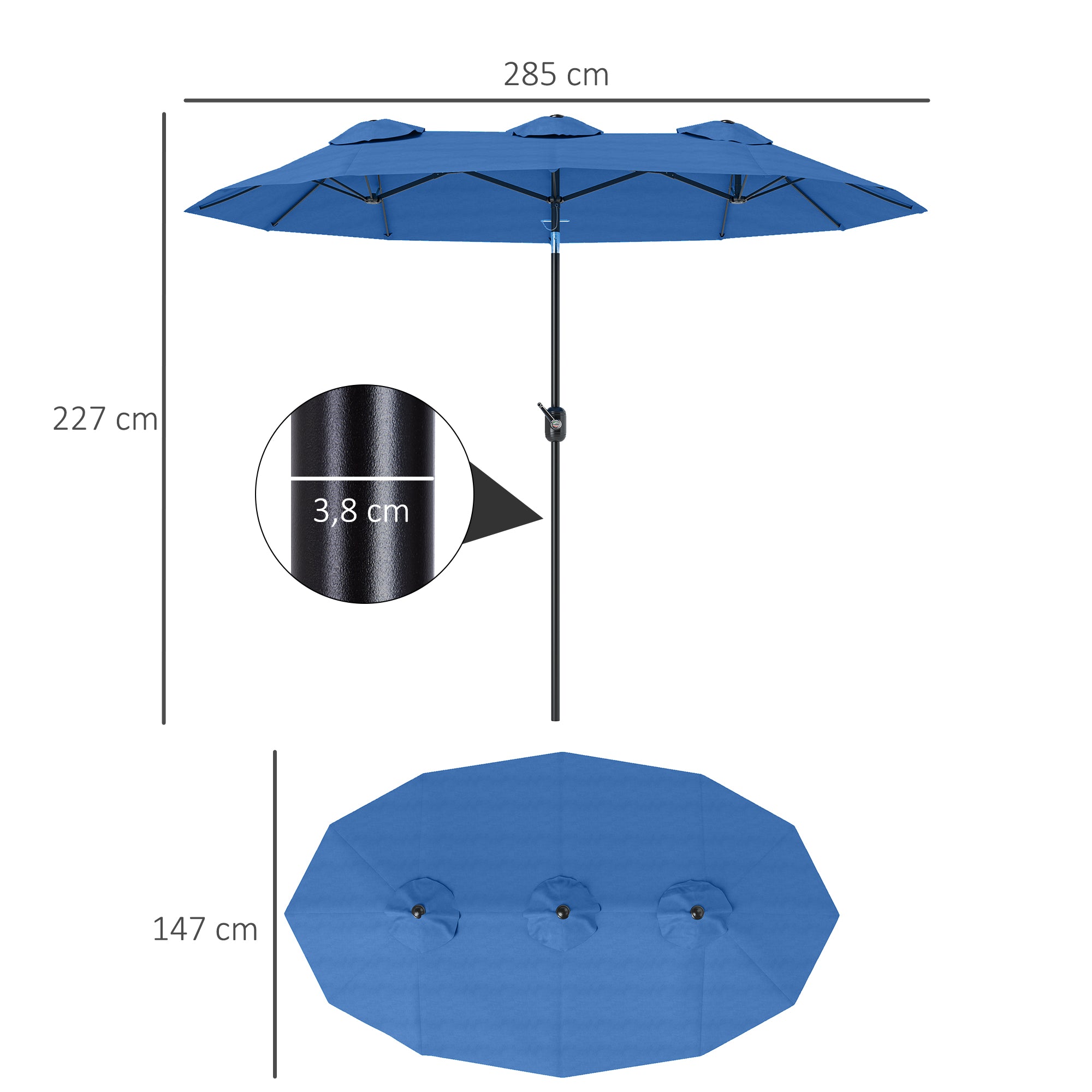 Double Patio Umbrella, 295 x 152 cm (116" x 60"), Tilt & Crank, Wind-Vented Oval Market Umbrella — Navy Blue