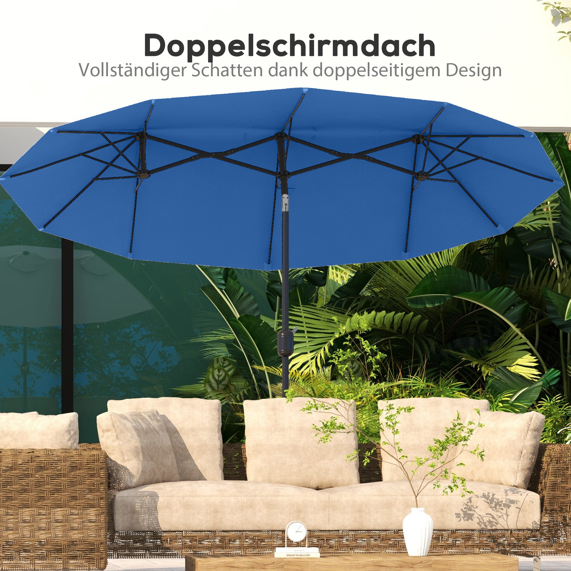 Double Patio Umbrella, 295 x 152 cm (116" x 60"), Tilt & Crank, Wind-Vented Oval Market Umbrella — Navy Blue
