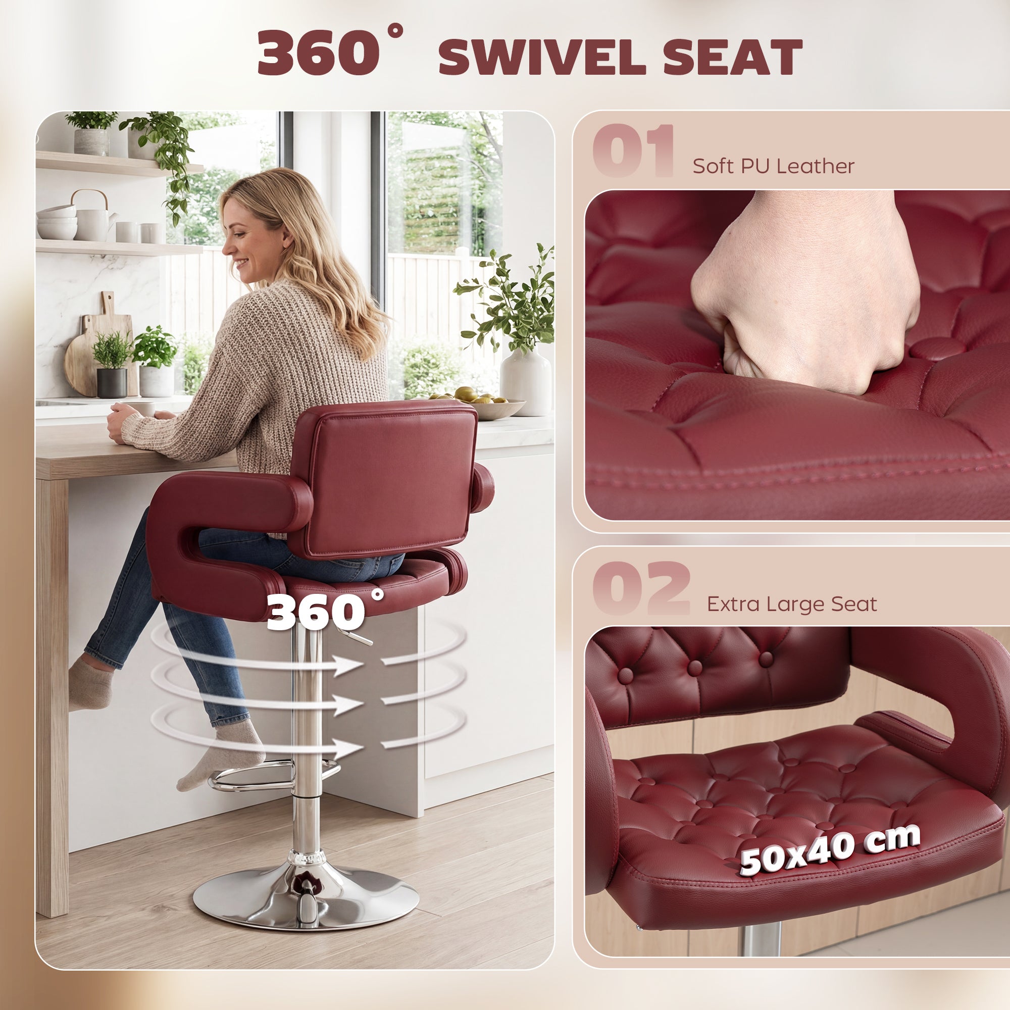 Adjustable PU Bar Stool with Backrest, Armrests & Footrest — Burgundy