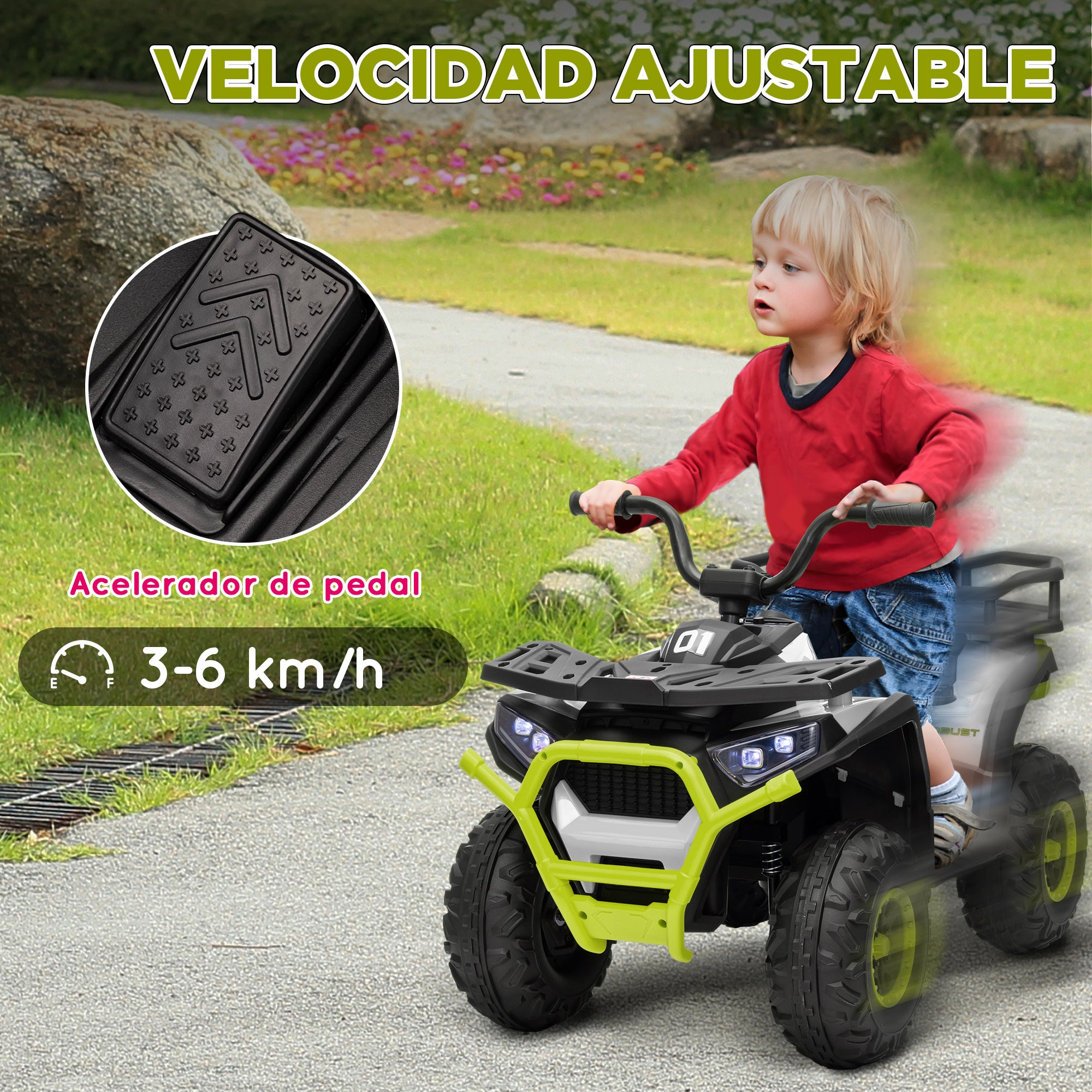 Electric Quad for Kids 3+ Years Electric Car for Kids with 12V Battery Headlights Music MP3 Speed 3-6 km/h and 30 kg Load Basket Green