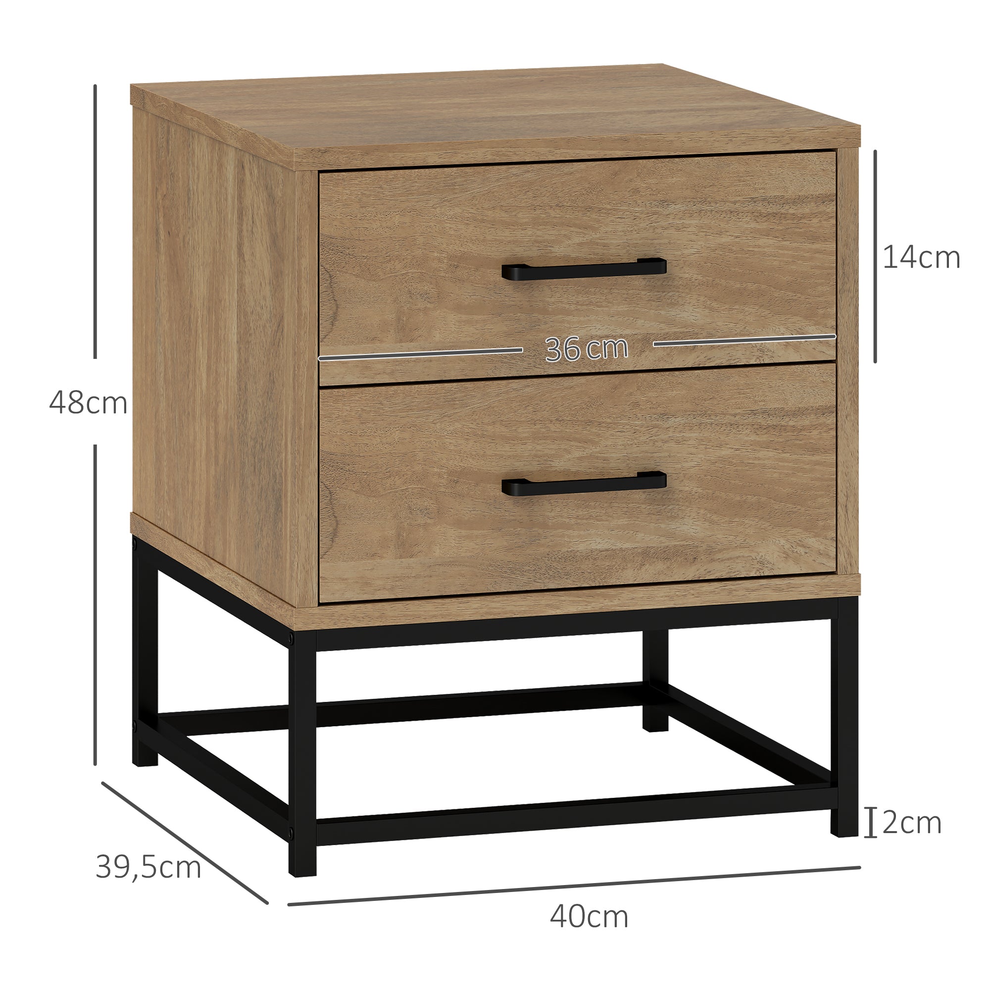 Set of 2 bedside tables with 2 drawers, industrial style nightstand for bedroom, living room, dimensions 40 x 39.5 x 48 cm natural wood finish