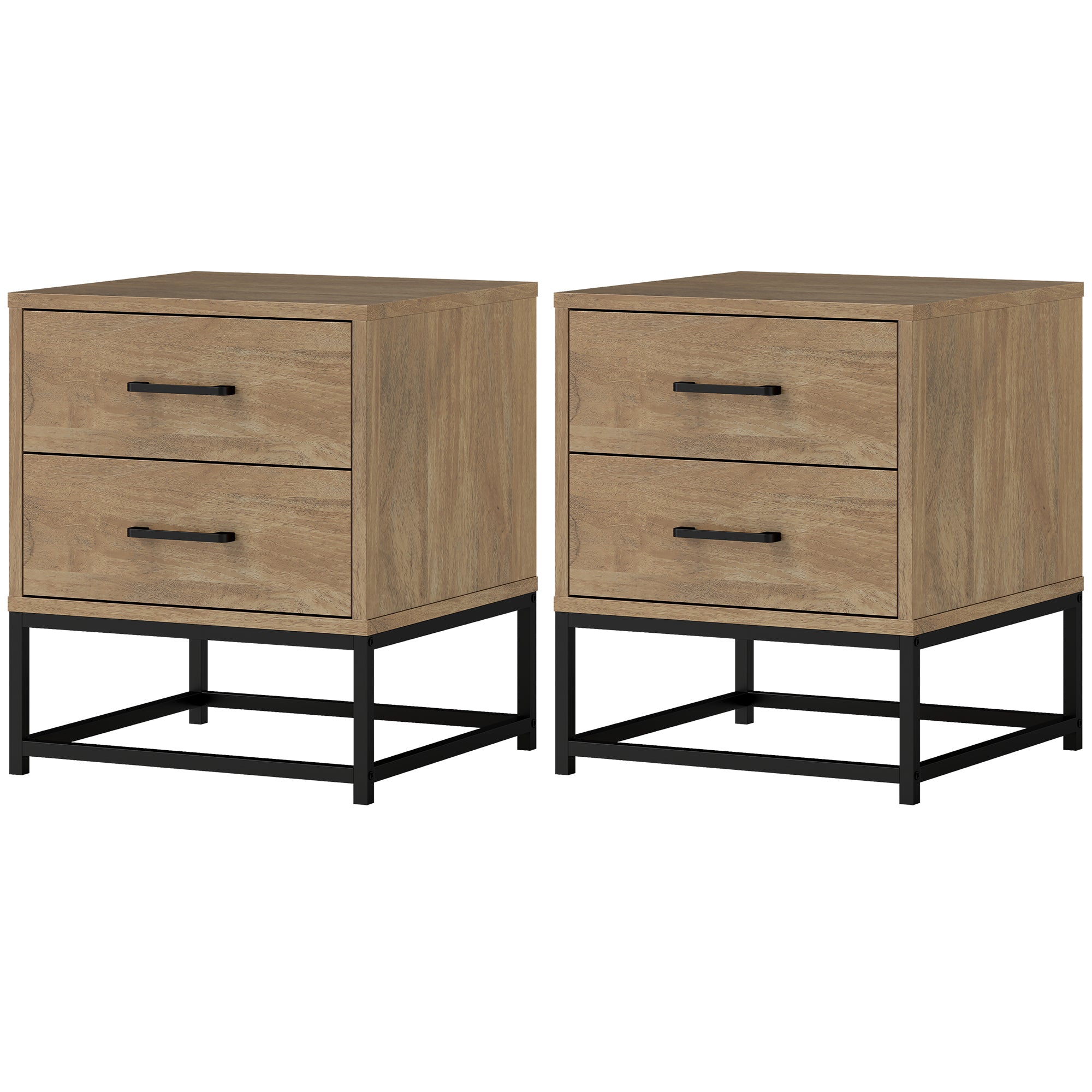Set of 2 bedside tables with 2 drawers, industrial style nightstand for bedroom, living room, dimensions 40 x 39.5 x 48 cm natural wood finish