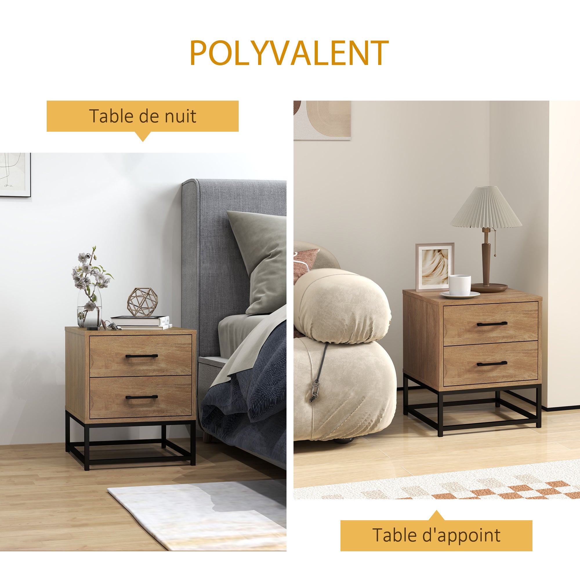 Set of 2 bedside tables with 2 drawers, industrial style nightstand for bedroom, living room, dimensions 40 x 39.5 x 48 cm natural wood finish