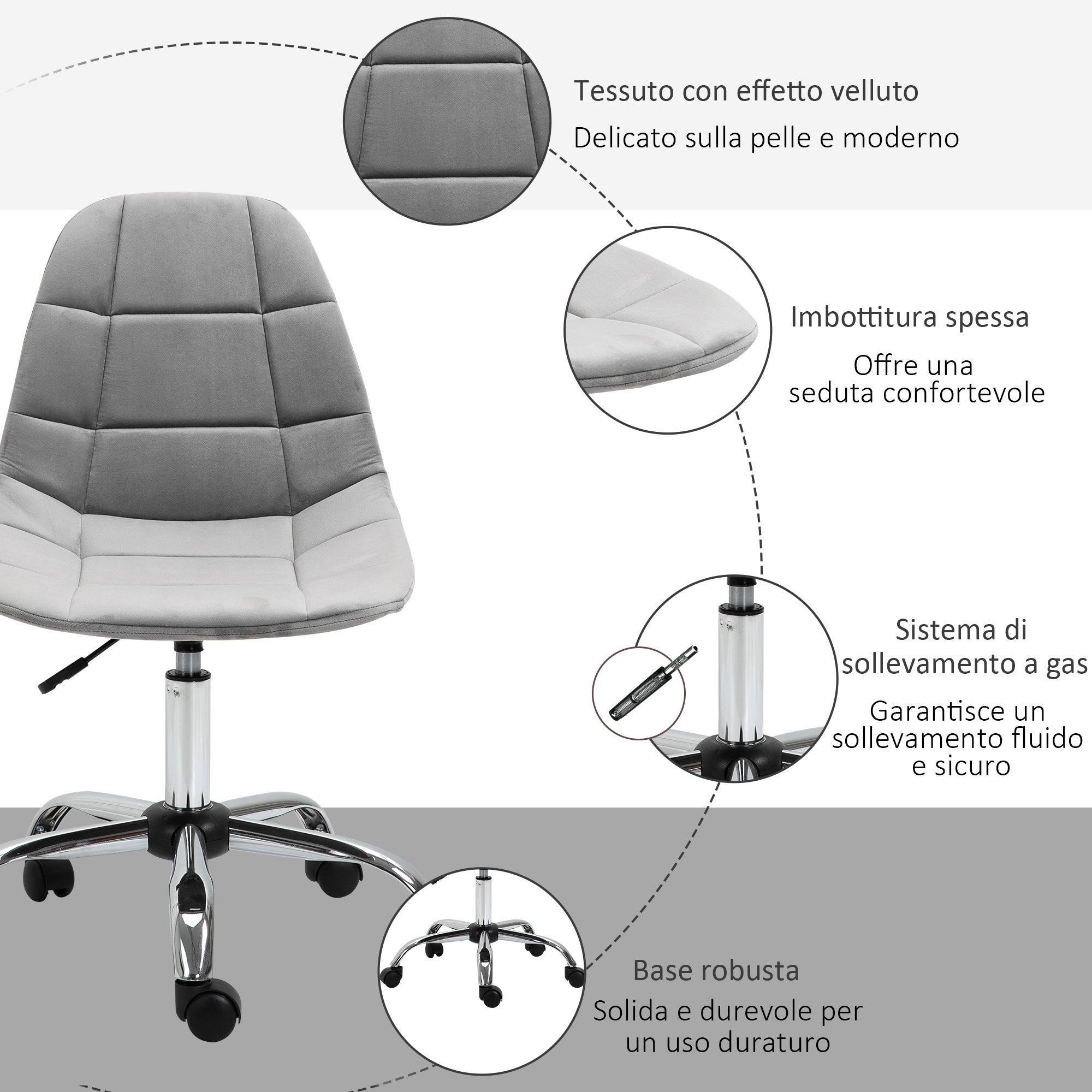 Swivel Chair, Ergonomic and Adjustable Design Without Armrests, Gray, 59x59x81-91cm