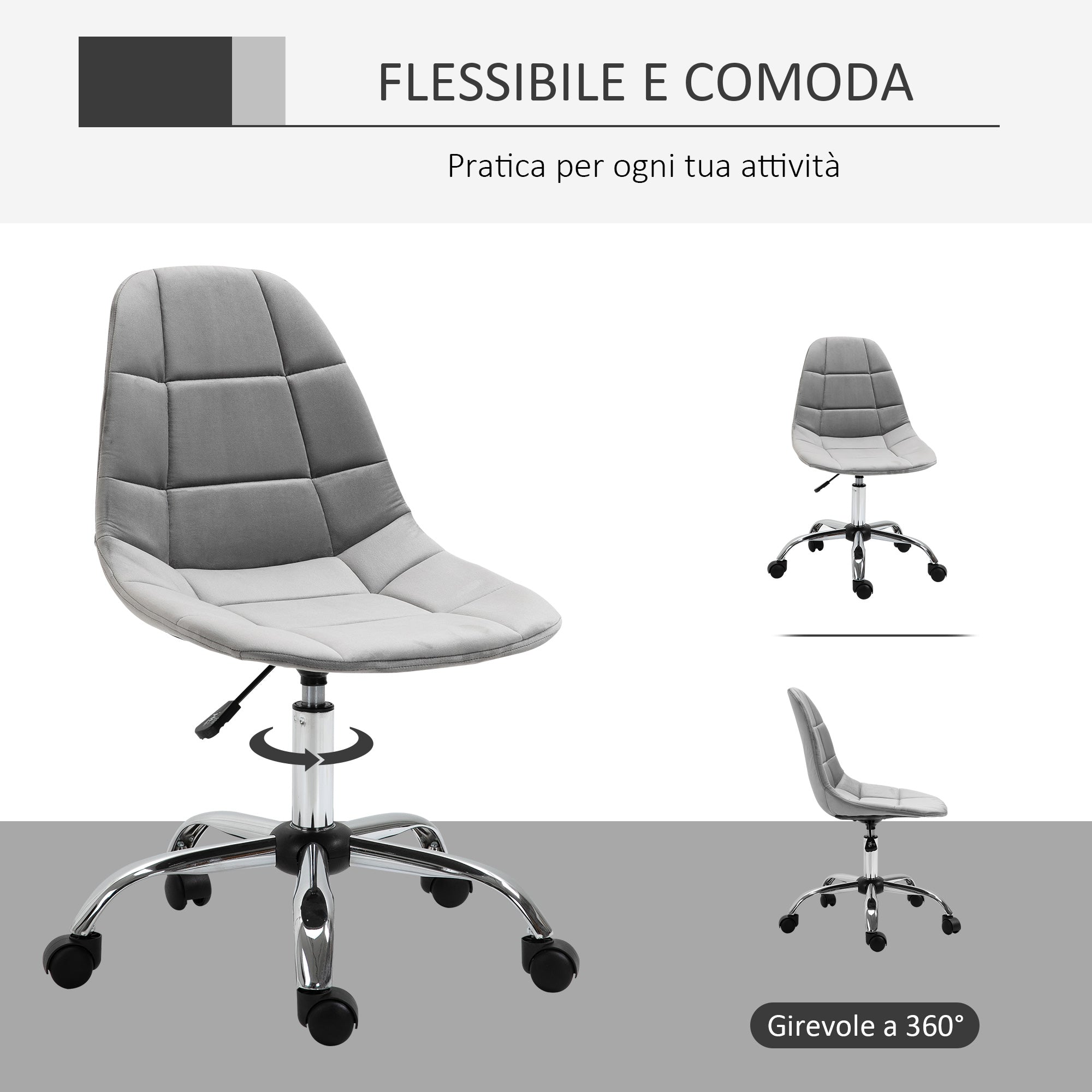 Swivel Chair, Ergonomic and Adjustable Design Without Armrests, Gray, 59x59x81-91cm
