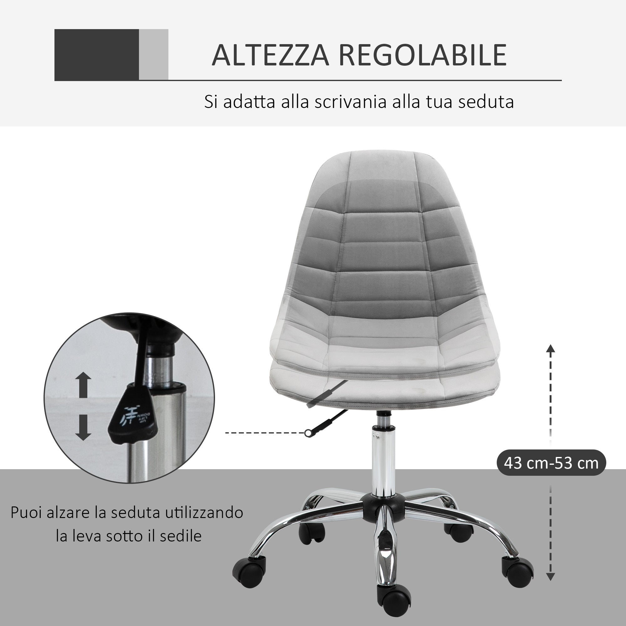 Swivel Chair, Ergonomic and Adjustable Design Without Armrests, Gray, 59x59x81-91cm