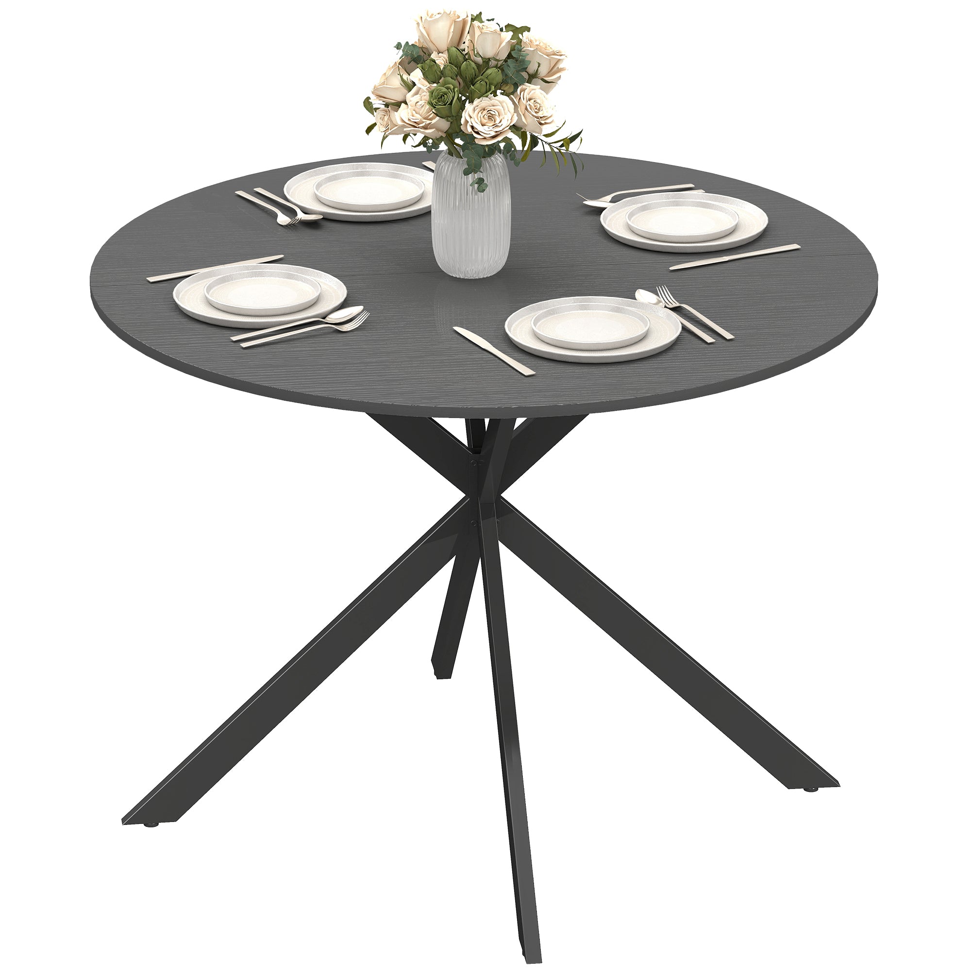 Round Dining Table for 4, 39.4 in Ø Industrial Style with Steel Legs for Dining Room, Kitchen, Home Office, Black