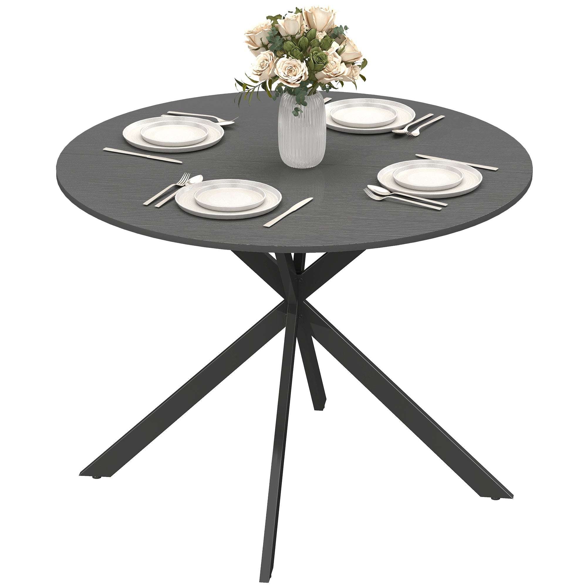 Round Dining Table for 4, 39.4 in Ø Industrial Style with Steel Legs for Dining Room, Kitchen, Home Office, Black