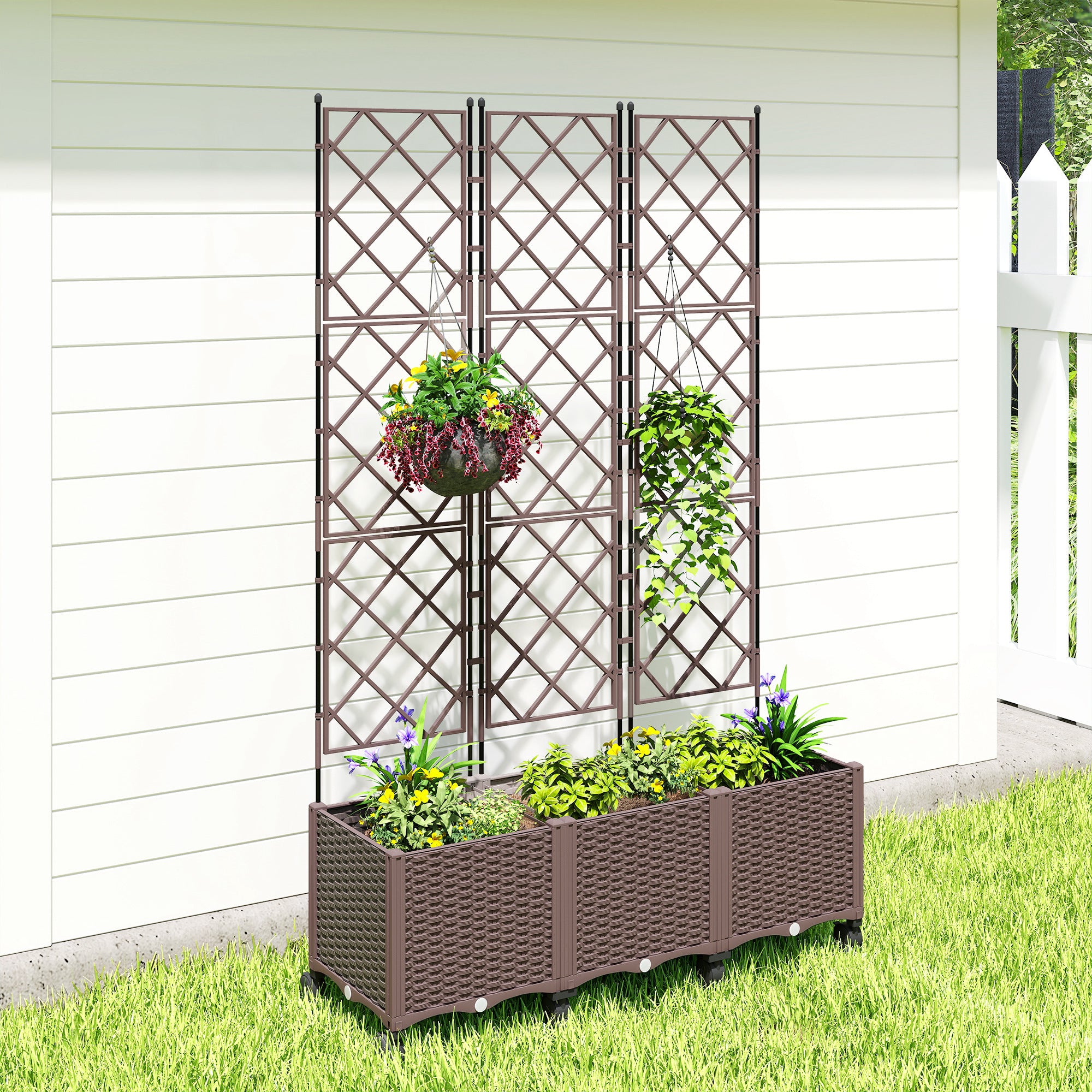Raised Planter with Trellis, Large Outdoor Planter on Wheels for Climbing Plants, Drainage Holes & Plugs, Raised Garden Bed for Garden/Patio/Terrace, 120 x 40 x 192 cm, Brown
