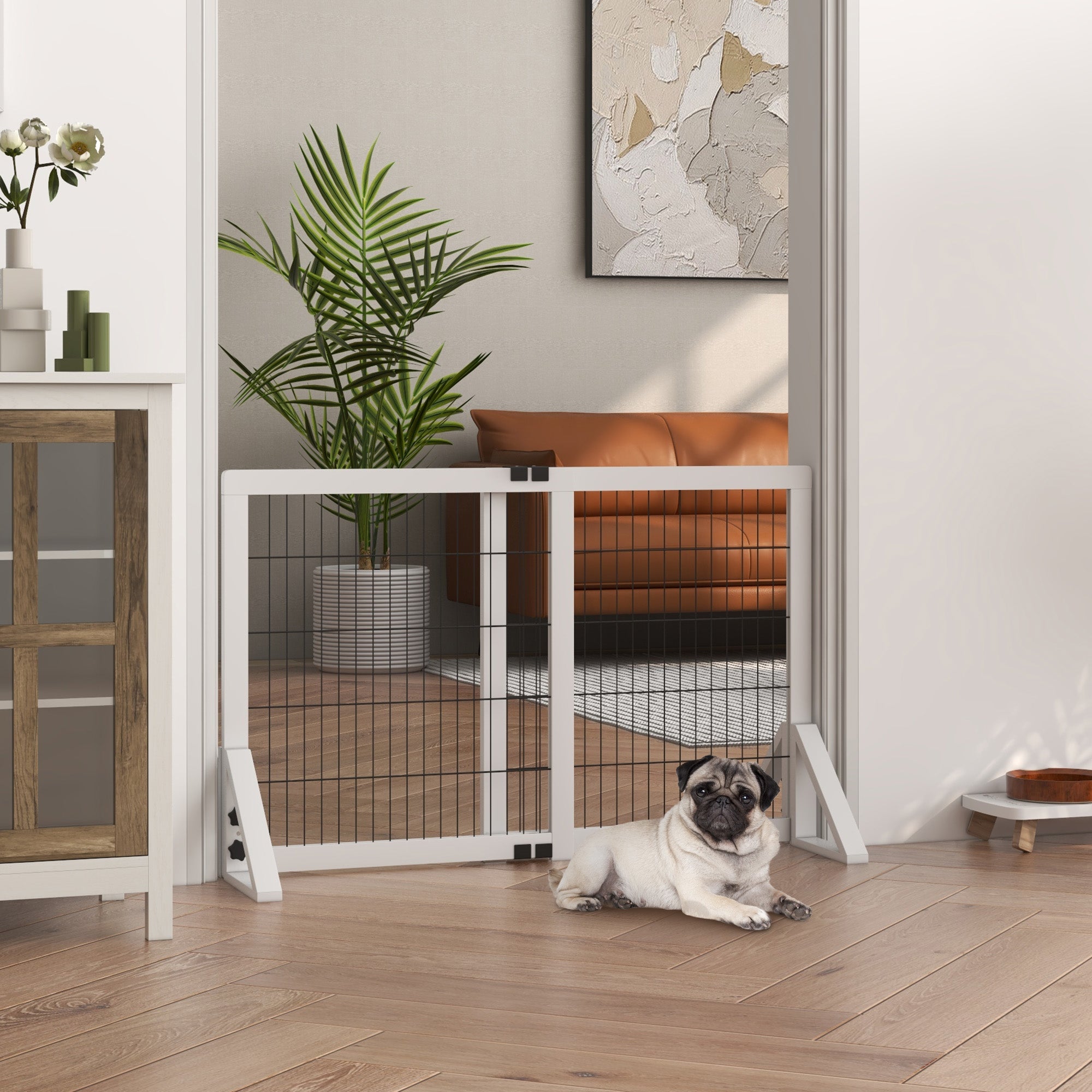 Dog Safety Barrier, 2-panel adjustable width protection barrier 63-106L x 44W x 67H cm, for stairs, doors, hallways, made of pine wood and steel, white