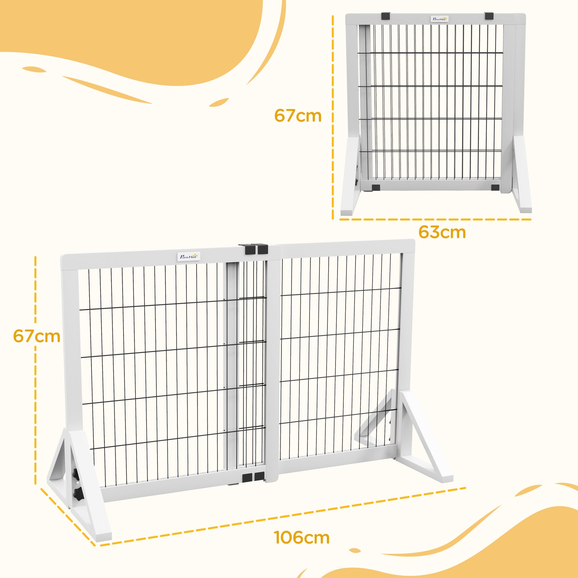 Dog Safety Barrier, 2-panel adjustable width protection barrier 63-106L x 44W x 67H cm, for stairs, doors, hallways, made of pine wood and steel, white