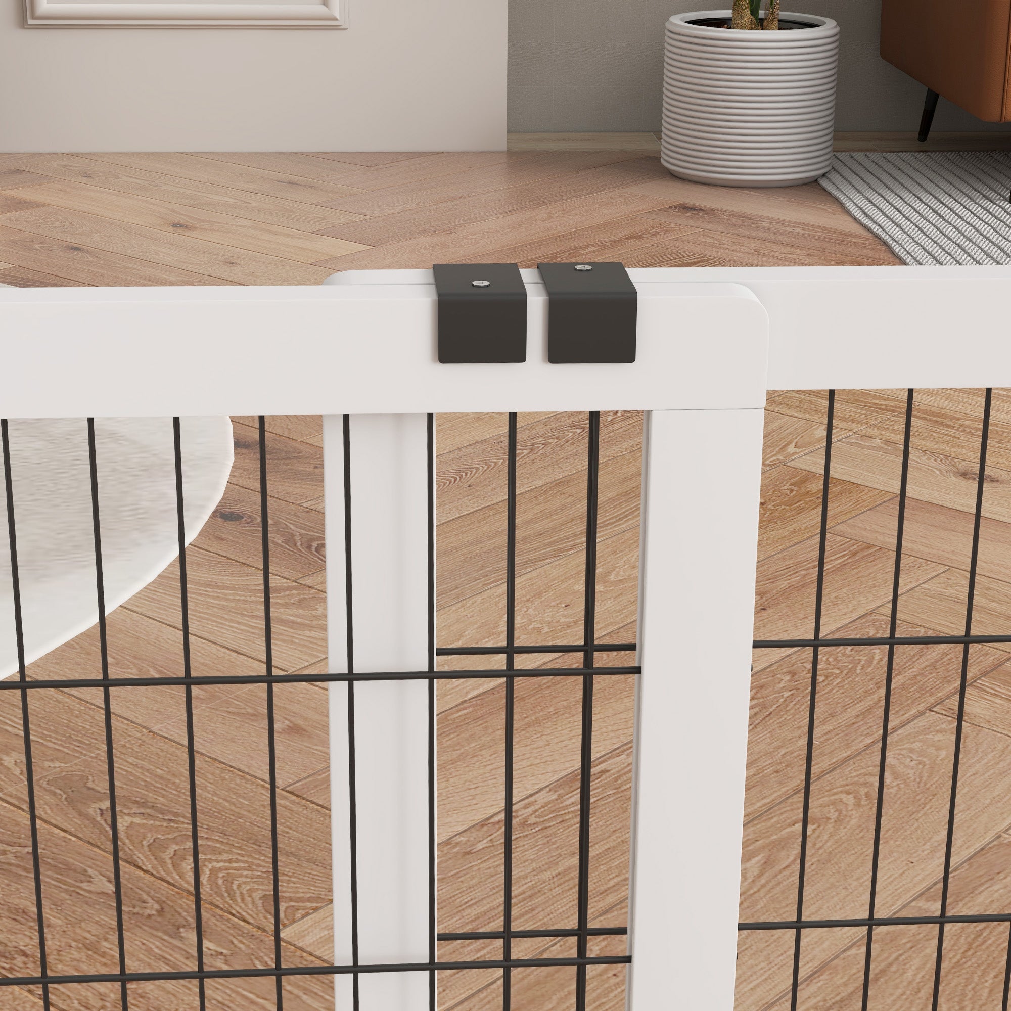 Dog Safety Barrier, 2-panel adjustable width protection barrier 63-106L x 44W x 67H cm, for stairs, doors, hallways, made of pine wood and steel, white