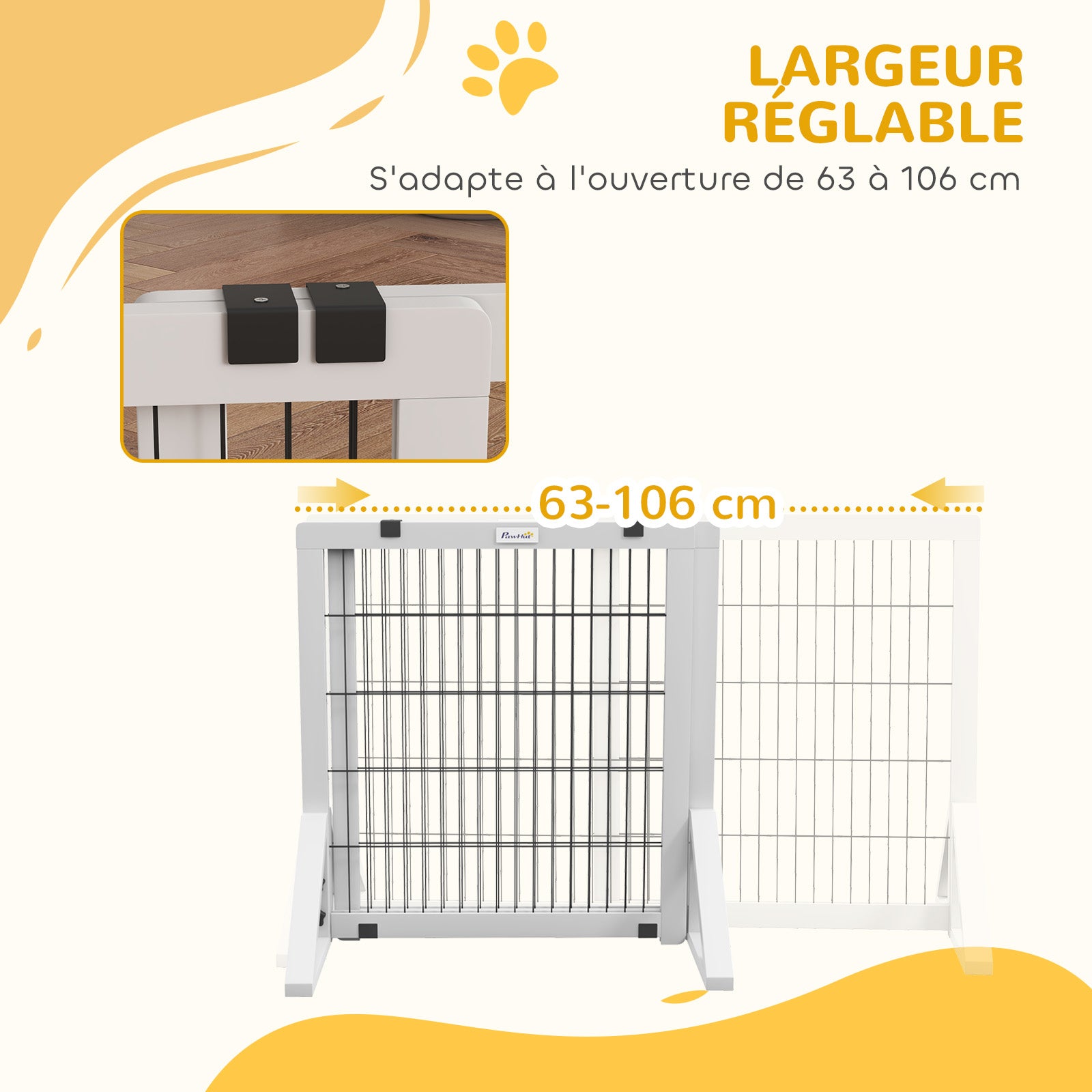 Dog Safety Barrier, 2-panel adjustable width protection barrier 63-106L x 44W x 67H cm, for stairs, doors, hallways, made of pine wood and steel, white