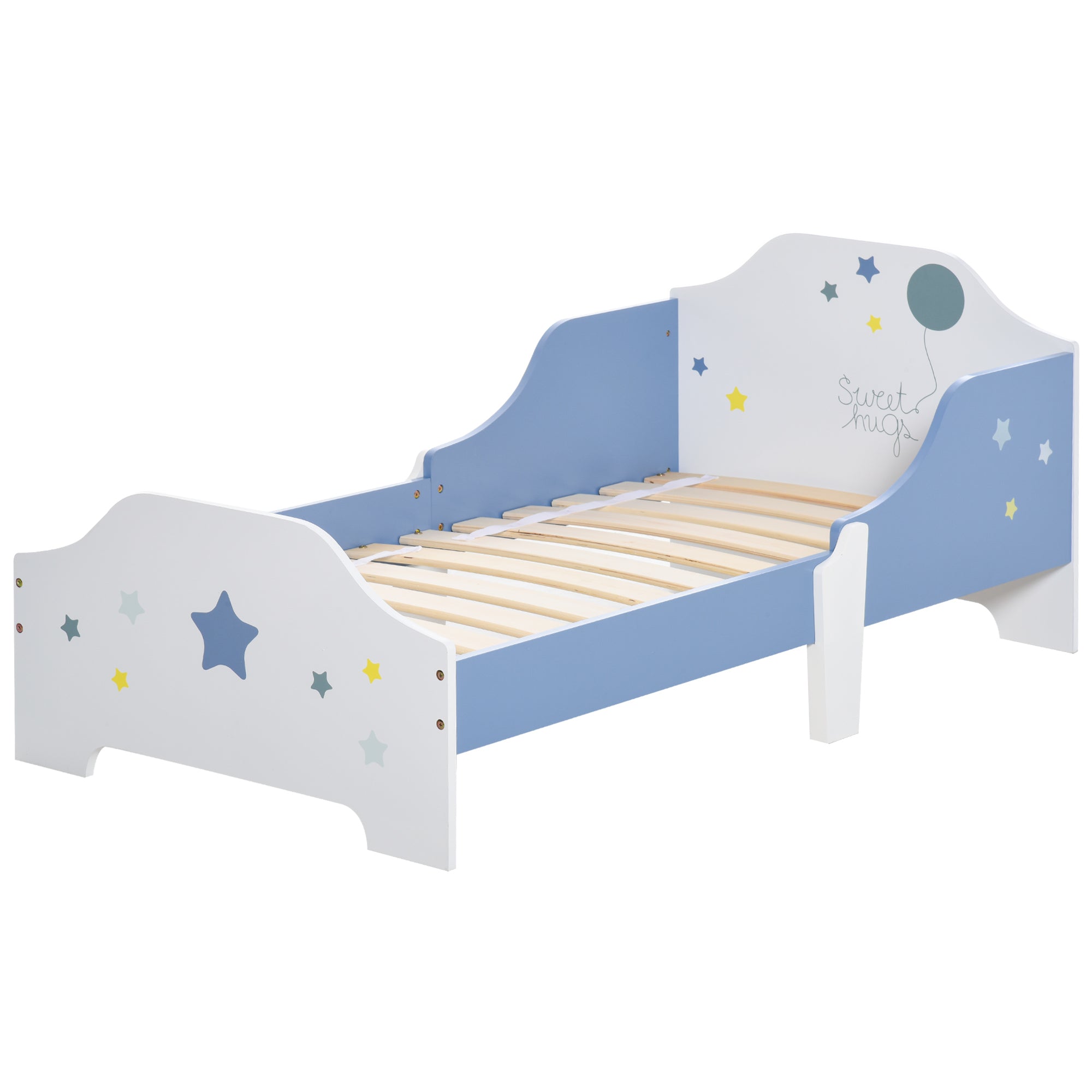 Children's Bed, Floor Bed for Children, 3 to 6 Years, 143 x 74 cm, Star Design, Slatted Bed Base Included, for a Children's Room, Blue White