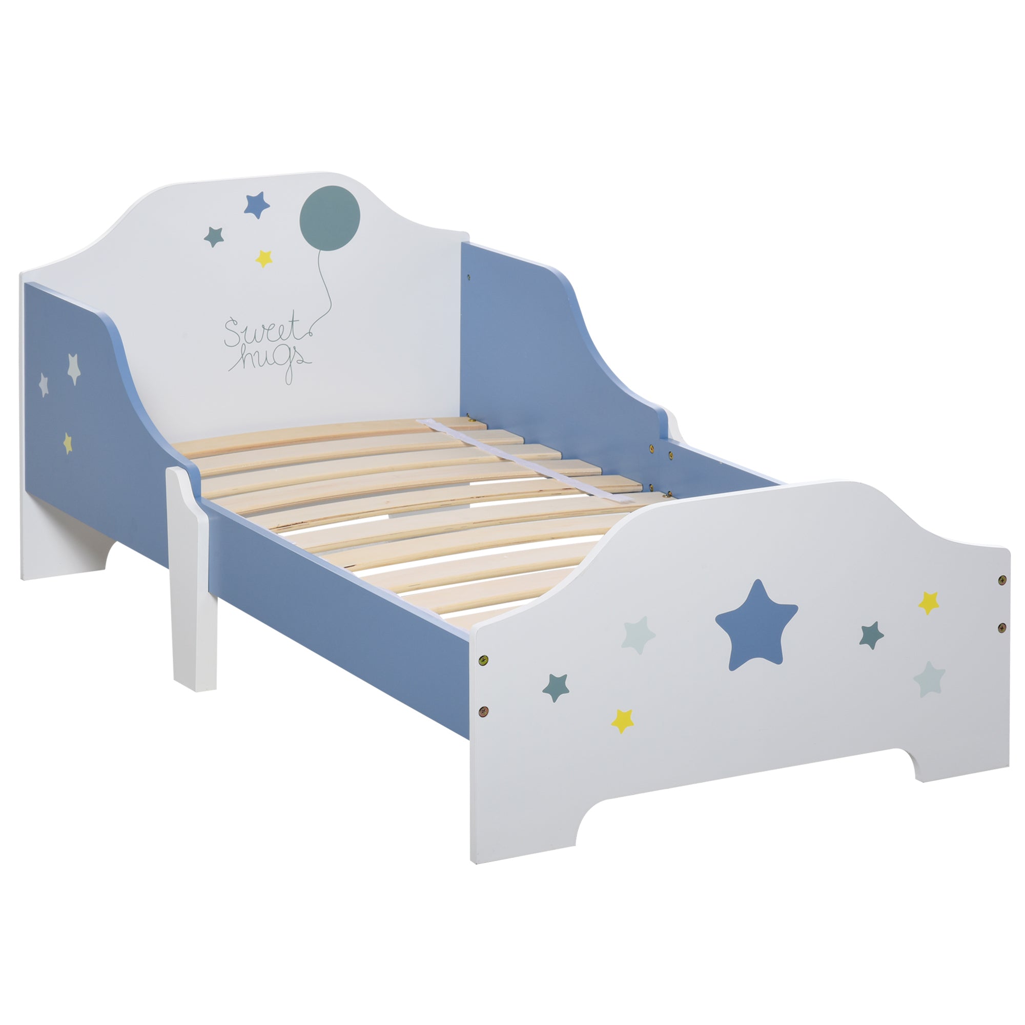 Children's Bed, Floor Bed for Children, 3 to 6 Years, 143 x 74 cm, Star Design, Slatted Bed Base Included, for a Children's Room, Blue White