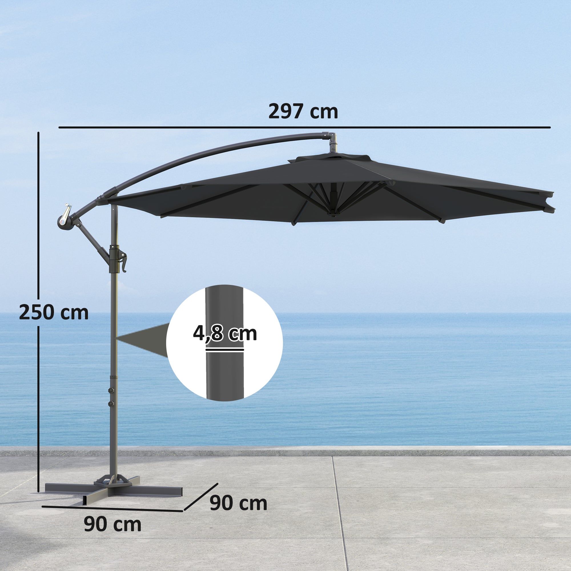 Foldable Octagonal Offset Garden Parasol with Cross Stand - 3m Diameter - Black