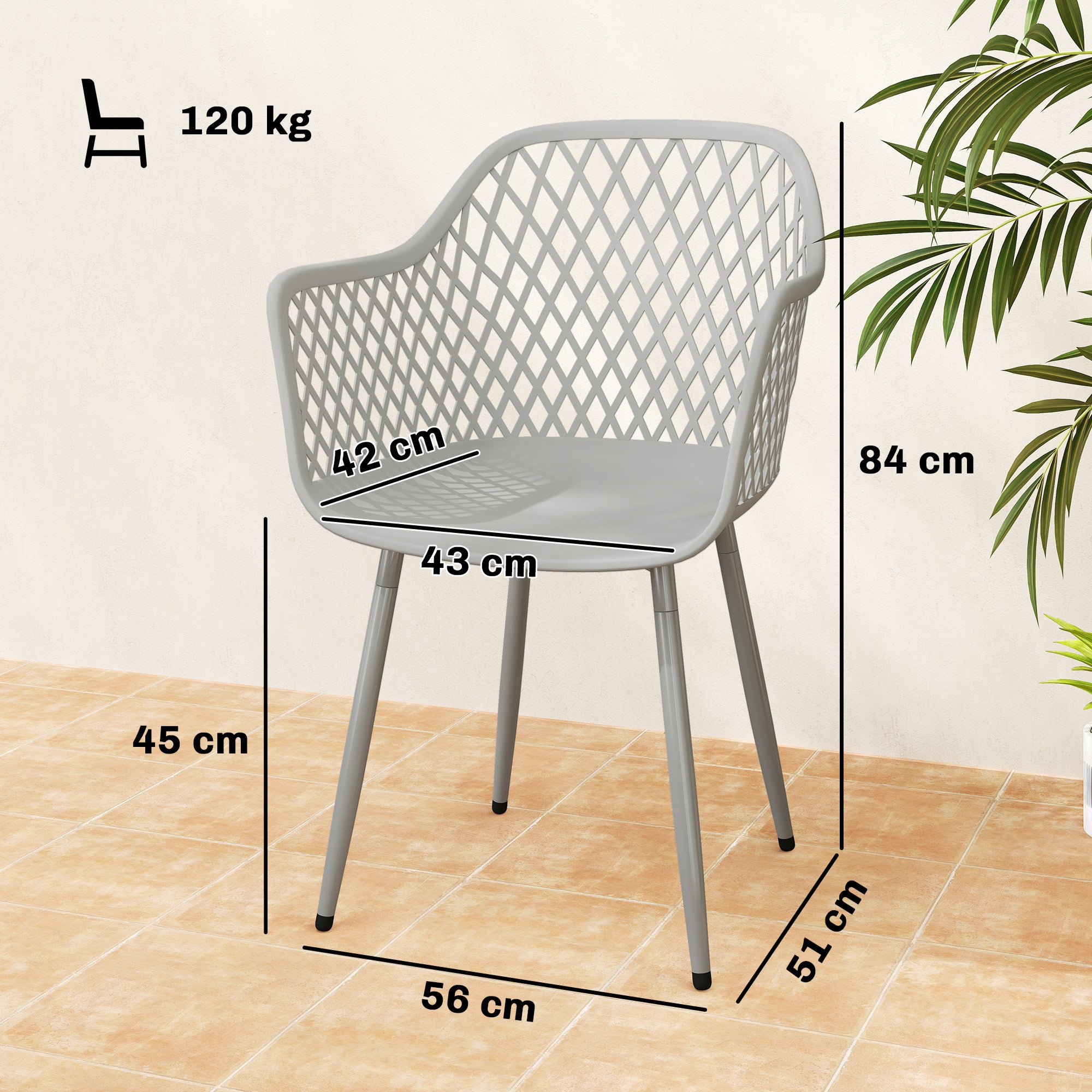 Set of 4 Outdoor Patio Chairs — Diamond Back, UV-Resistant PP Seats, Metal Legs, Gray