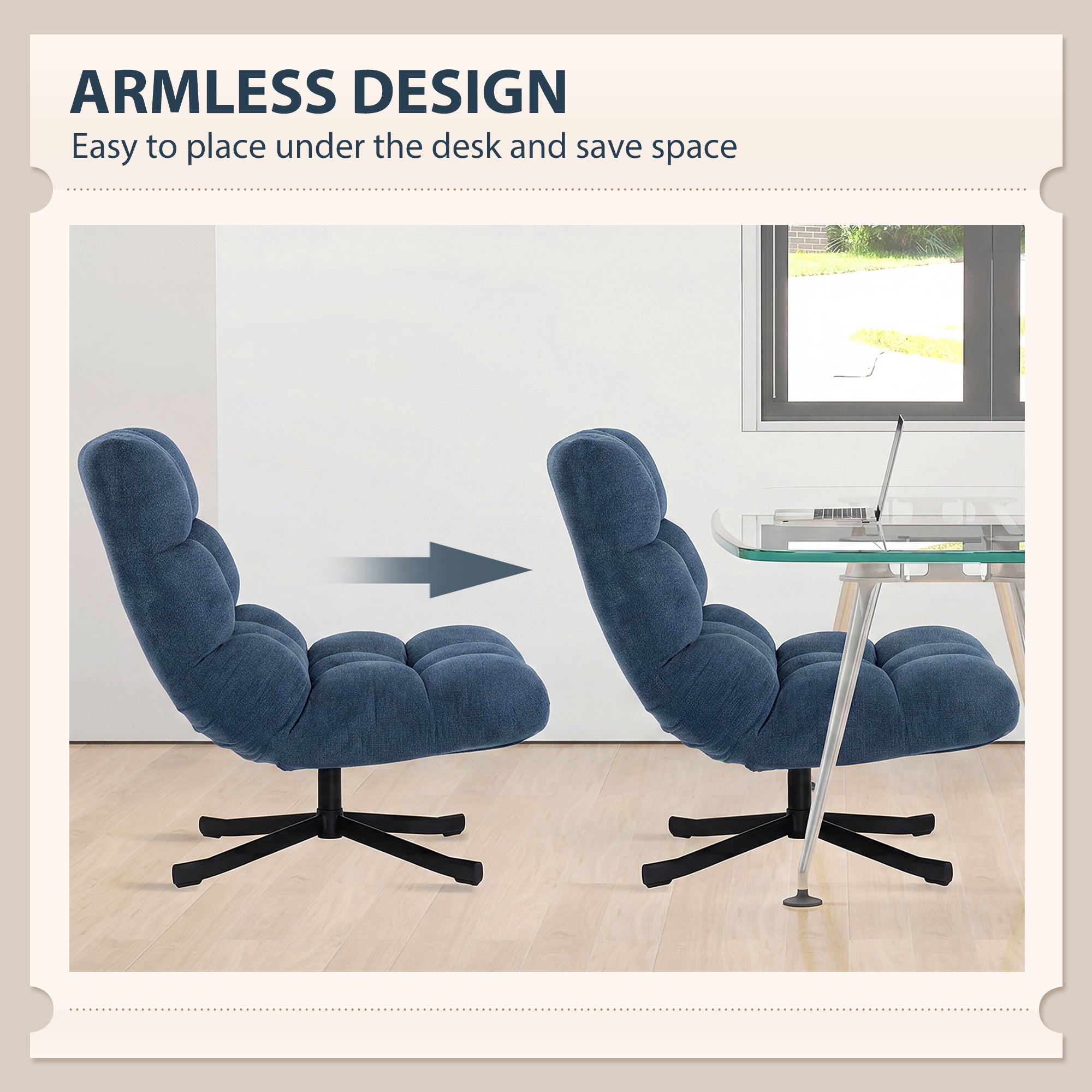 Armless Swivel Lounge Chair — Wide Chenille Seat, Steel Base, Dark Blue