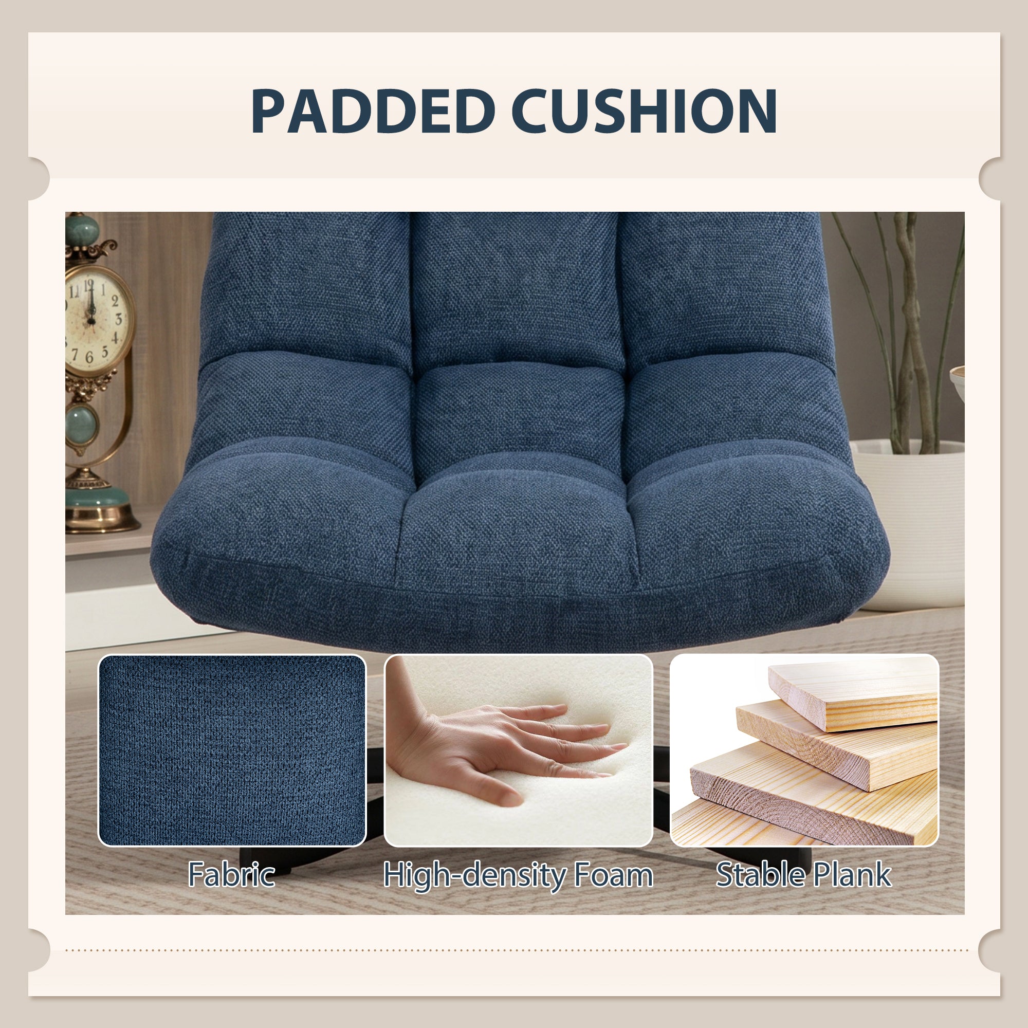 Armless Swivel Lounge Chair — Wide Chenille Seat, Steel Base, Dark Blue
