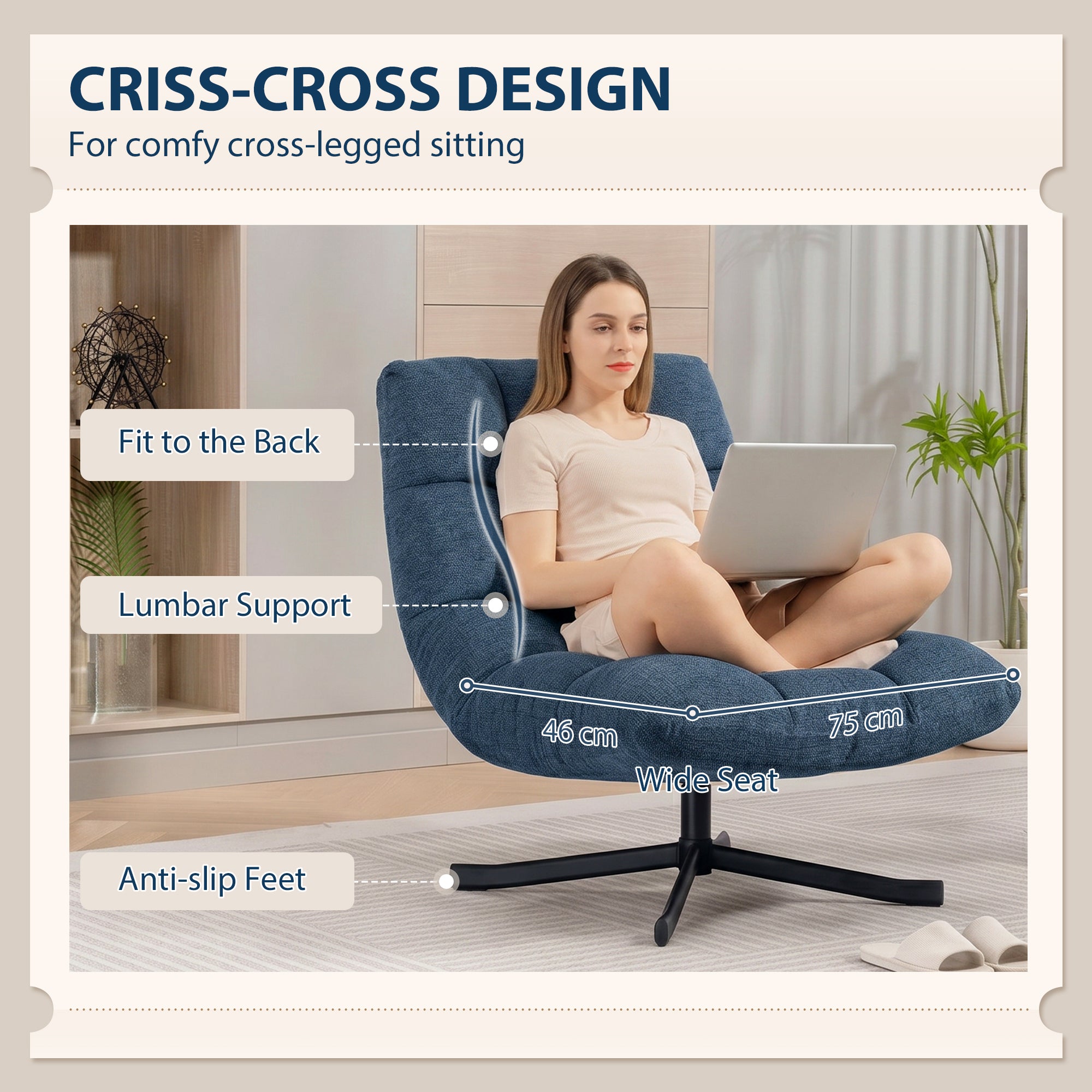 Armless Swivel Lounge Chair — Wide Chenille Seat, Steel Base, Dark Blue