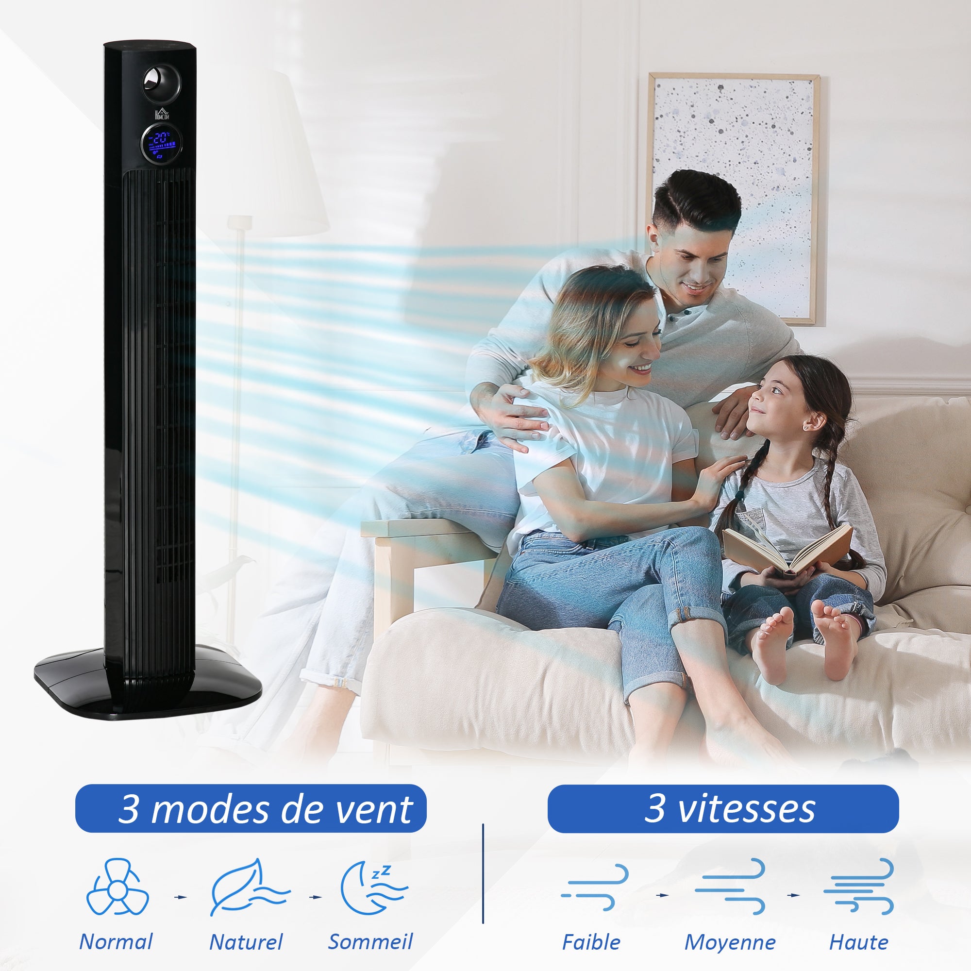 Quiet Tower Fan 45 W, Floor Fan for Bedroom 3 Modes 3 Speeds, Remote Control, 70° Oscillation, 12H Timer, LED Display, Suitable for Aromatherapy 96H cm Black