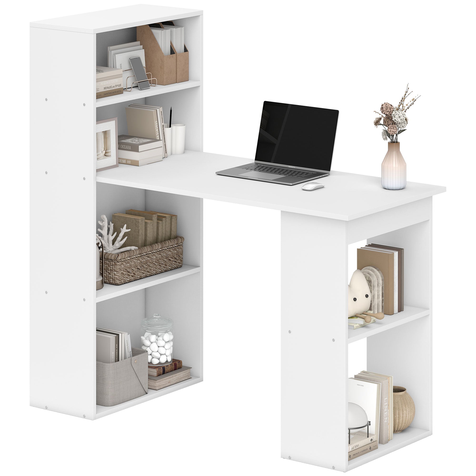 Computer Desk, Desk with Storage, 6 Open Compartments, Computer Table for Bedroom, Studio, 120 x 55 x 120 cm, White