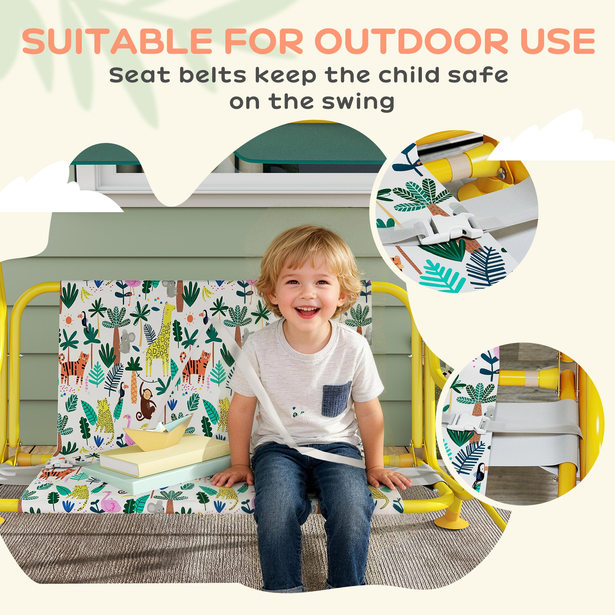Kids' Patio Swing, 2-Seater Children's Swing with Adjustable Canopy, Safety Belts — Garden/Patio Swing Bench for Ages 3–6, Up to 132 lb, Green