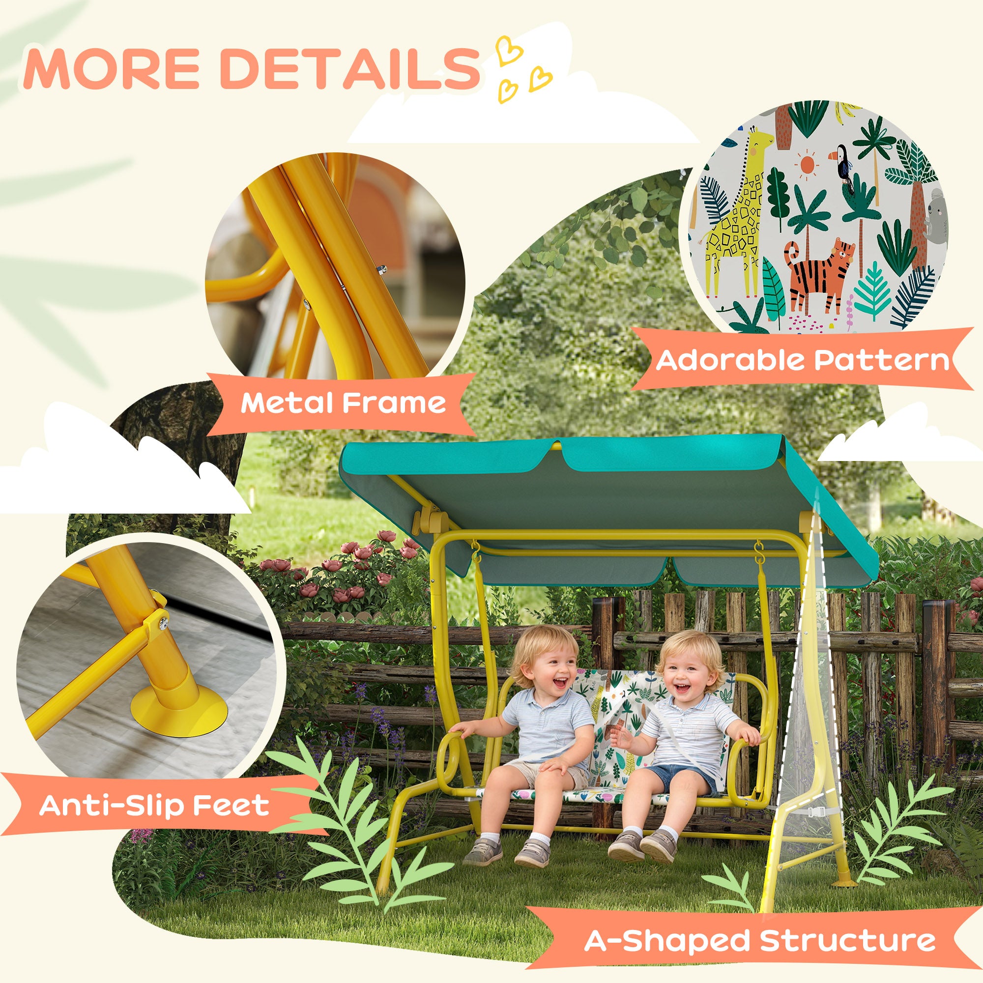 Kids' Patio Swing, 2-Seater Children's Swing with Adjustable Canopy, Safety Belts — Garden/Patio Swing Bench for Ages 3–6, Up to 132 lb, Green