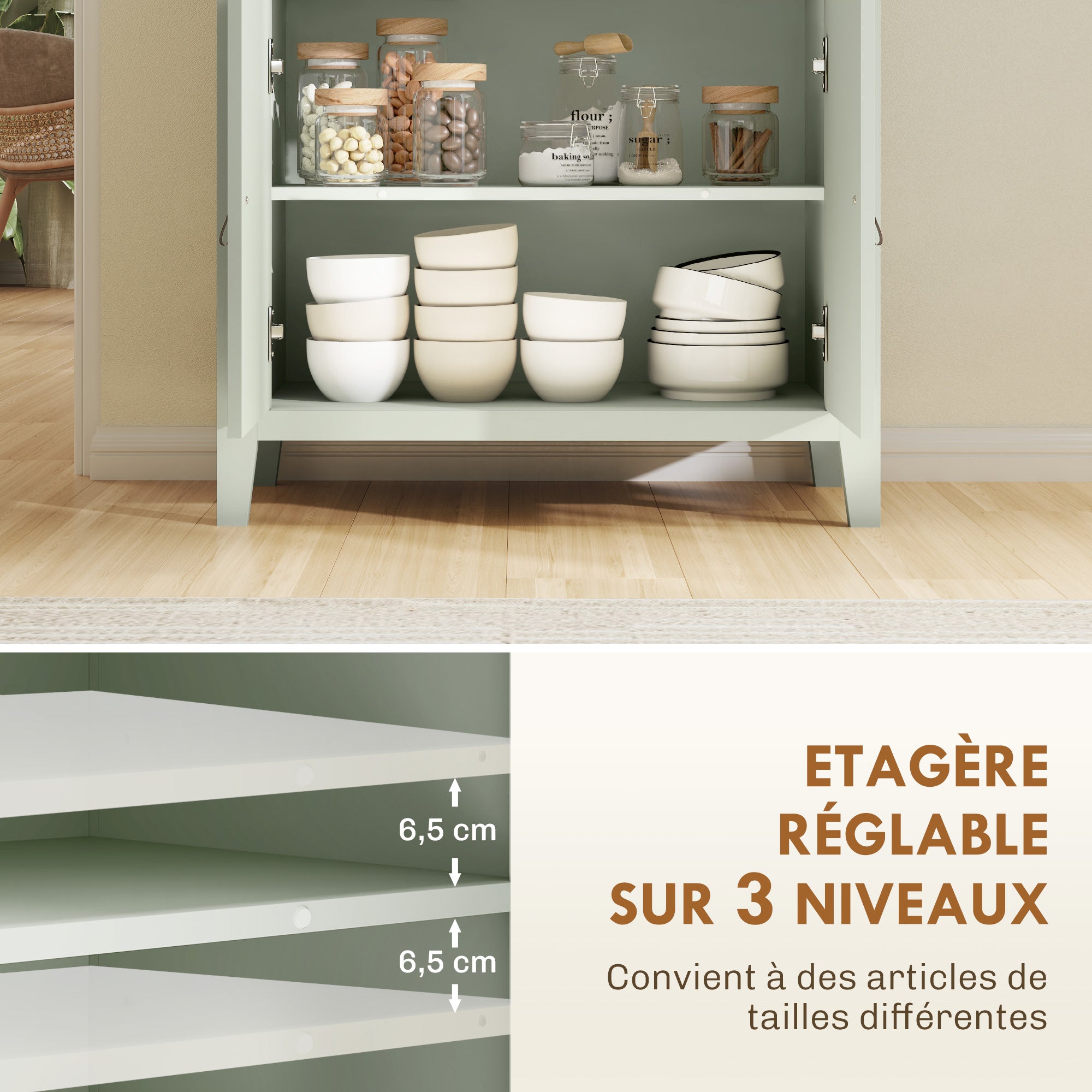 Sideboard Cabinet with Drawer and Double Door, Adjustable Shelf, PU Handles, Modern Style Buffet for Dining Room & Kitchen, 31.5 x 15.7 x 35.4 in, Light Green