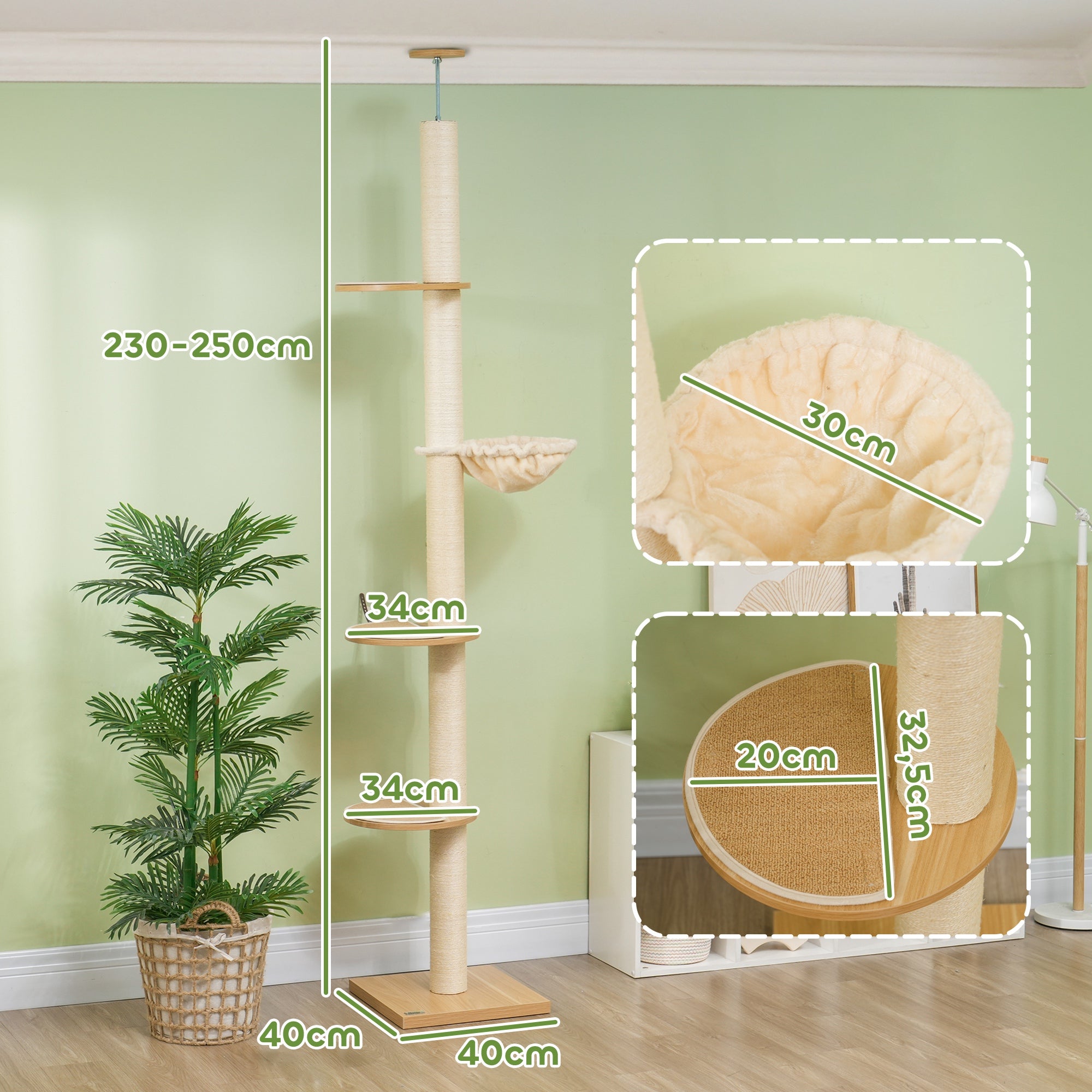 Cat Tree, Ceiling-high Cat Scratching Post, 230-250 cm, Climbing Tree with Hammock, Adjustable Height Cat Tree, Play Tree with Anti-tip Protection, Plush, Oak+Cream