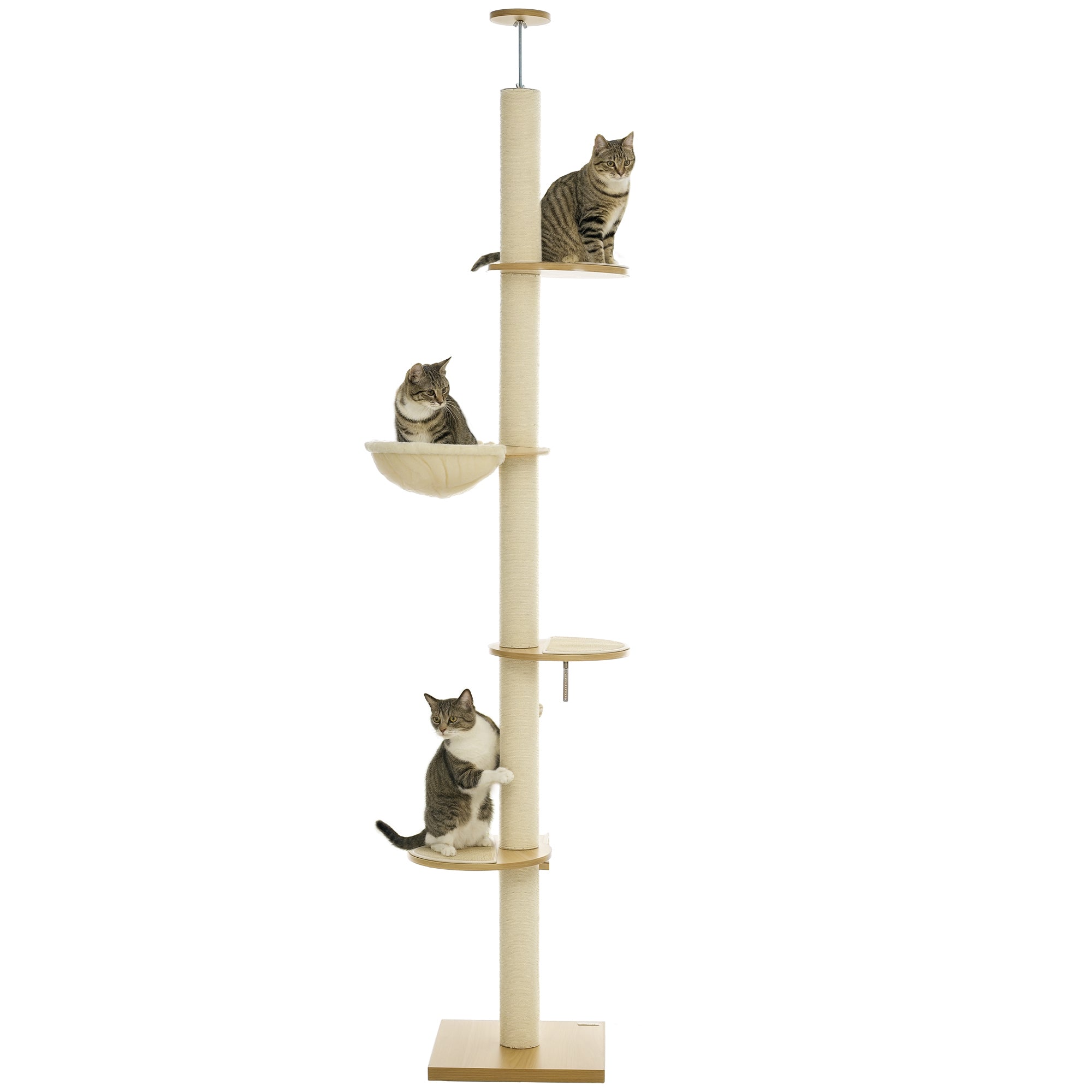 Cat Tree, Ceiling-high Cat Scratching Post, 230-250 cm, Climbing Tree with Hammock, Adjustable Height Cat Tree, Play Tree with Anti-tip Protection, Plush, Oak+Cream