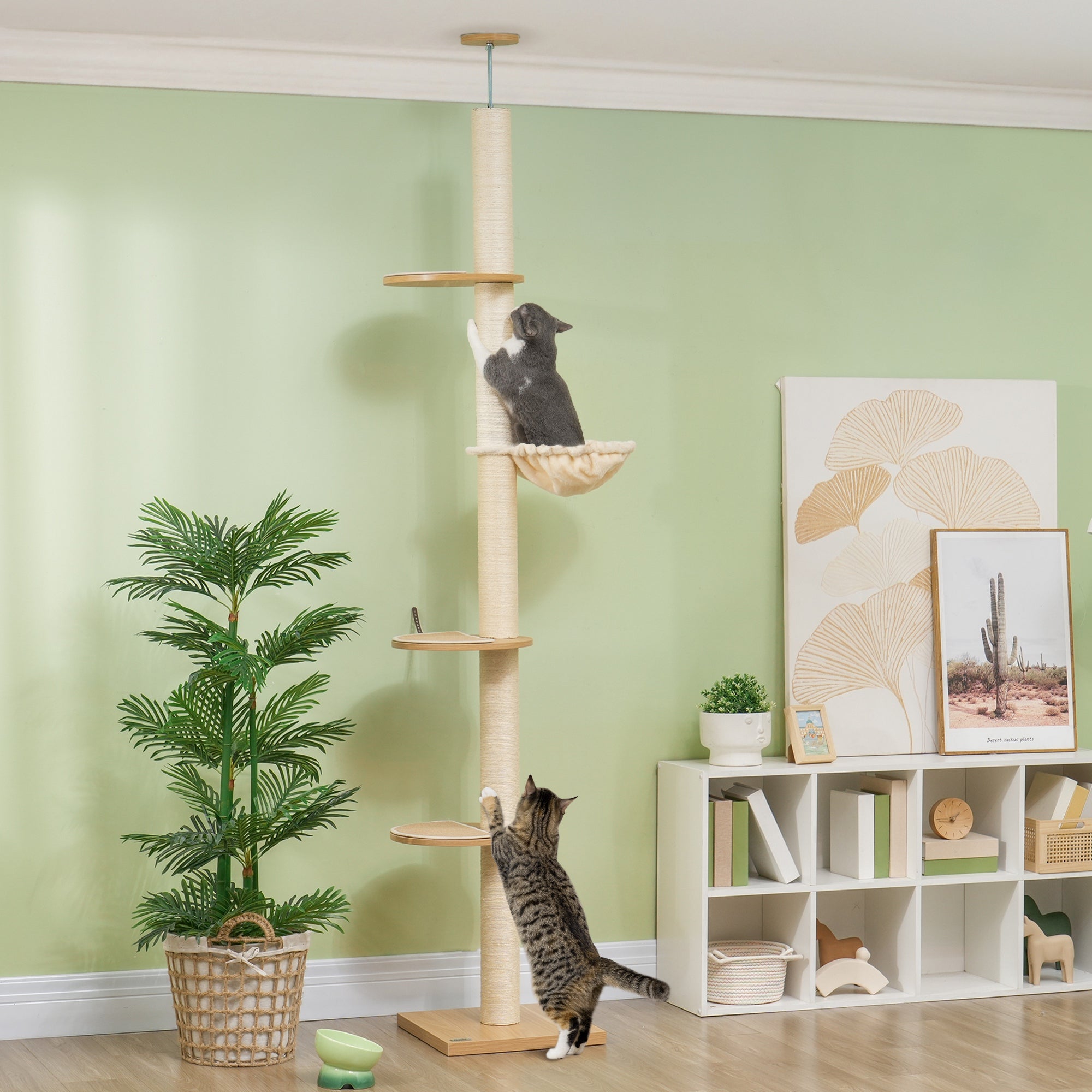 Cat Tree, Ceiling-high Cat Scratching Post, 230-250 cm, Climbing Tree with Hammock, Adjustable Height Cat Tree, Play Tree with Anti-tip Protection, Plush, Oak+Cream